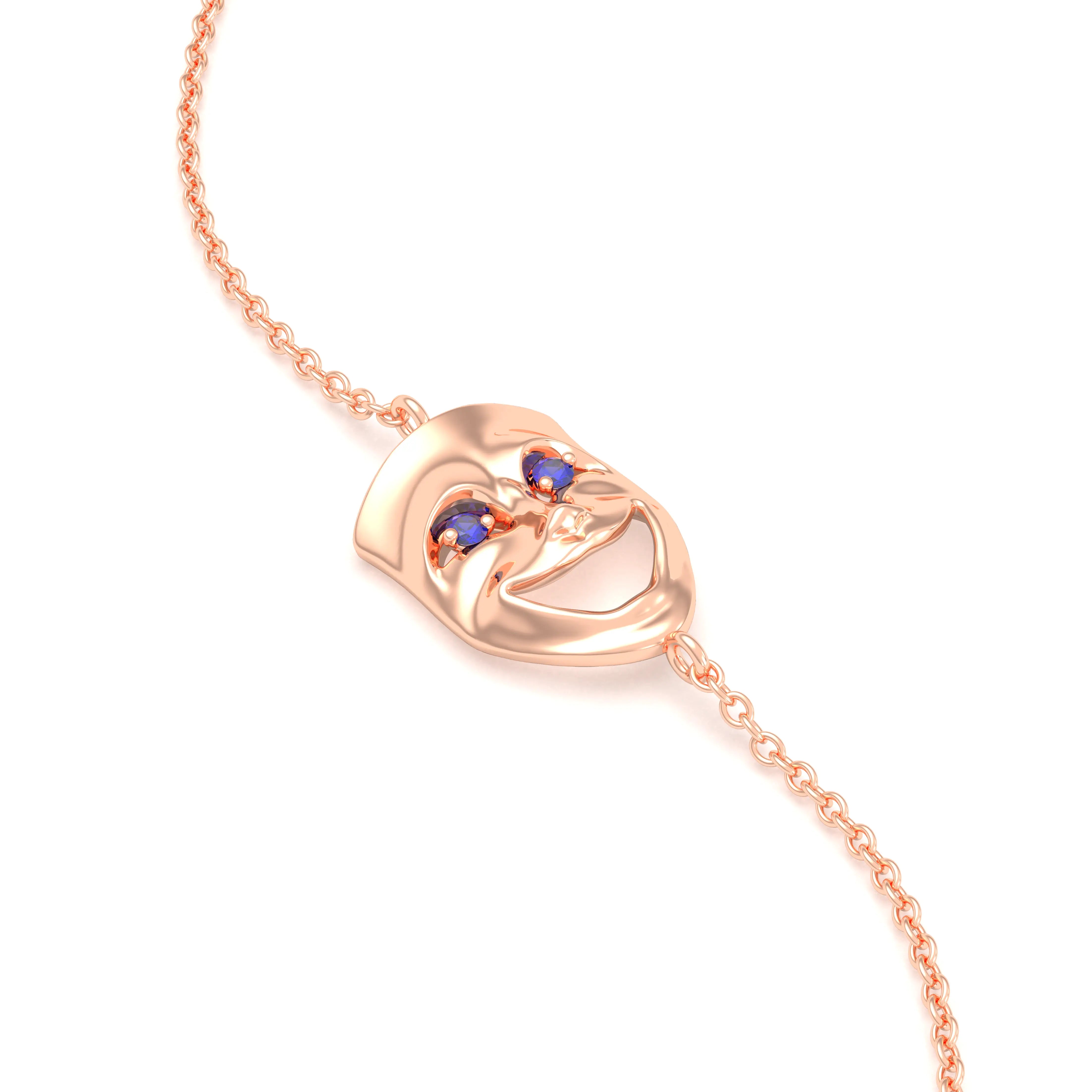 Bracelet Allégresse en or rose 18 carats, masque souriant du théâtre Saphir bleu