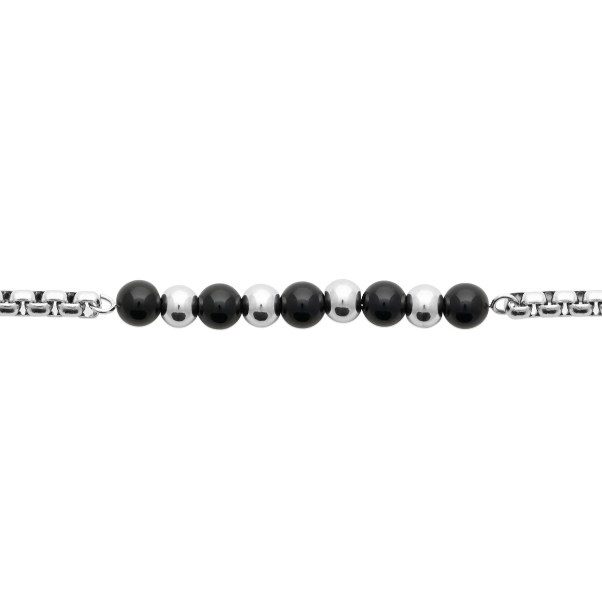 Bracelet chaîne et perles d’agate noire en acier homme en détail