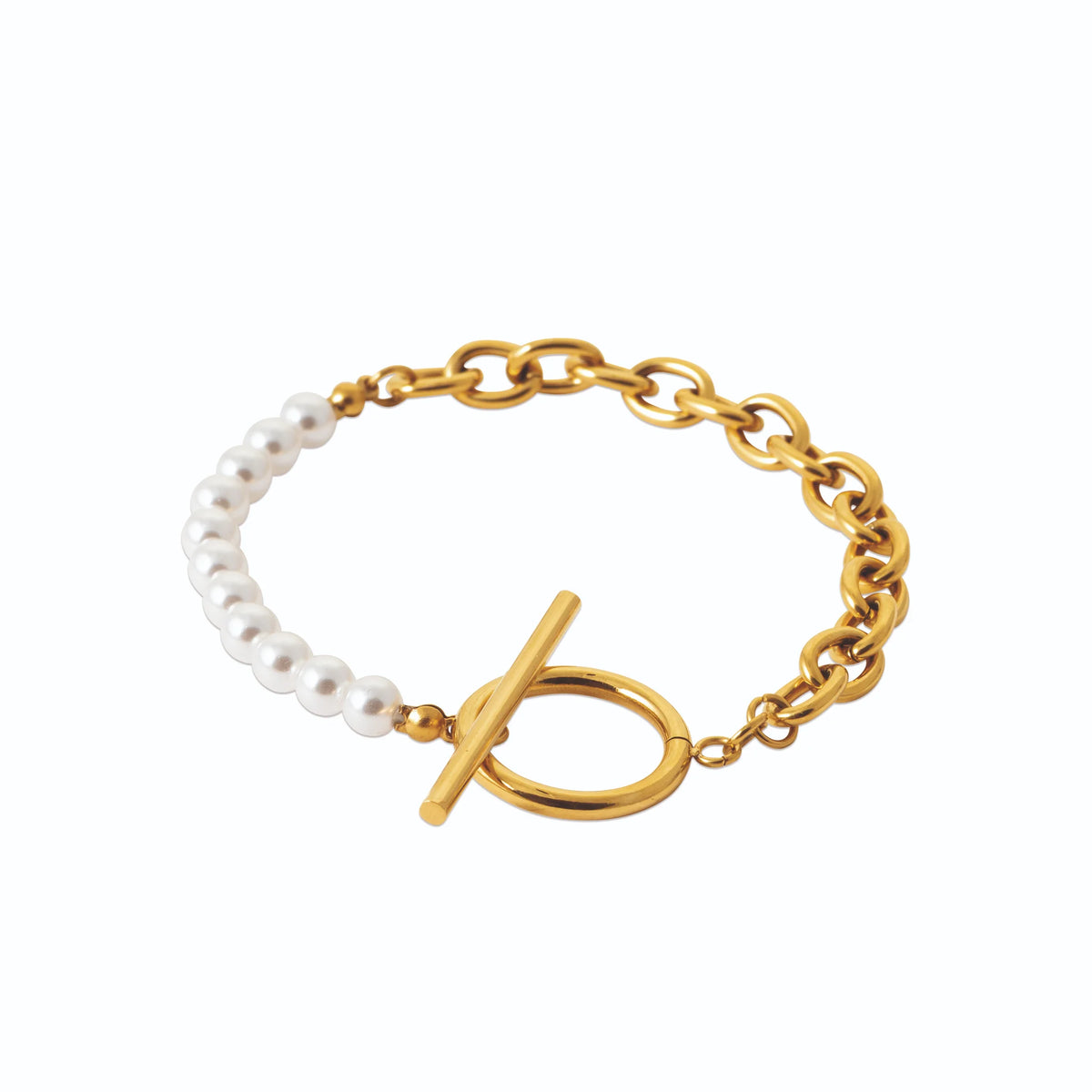 Bracelet chaîne et perles d’imitation à fermoir T en acier doré