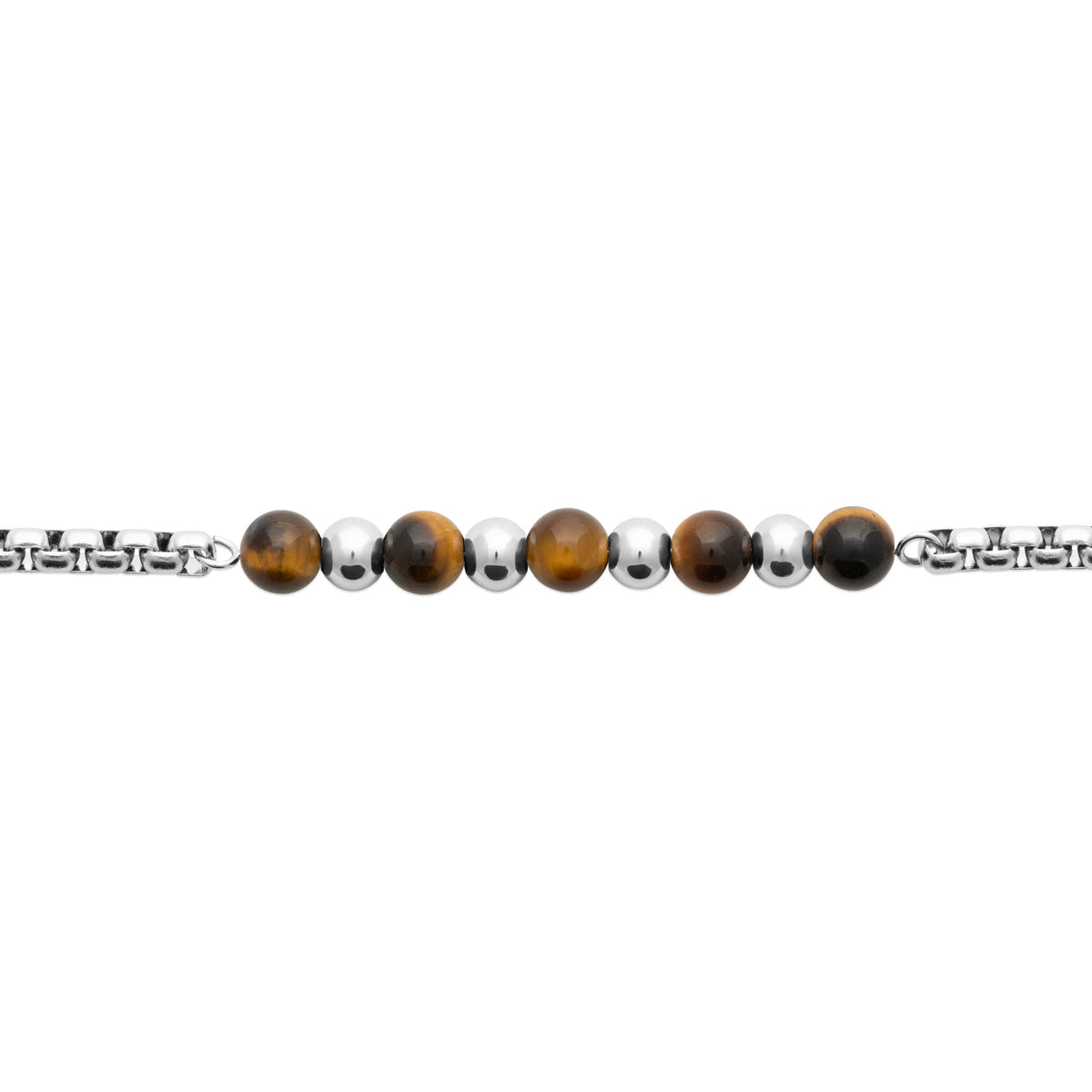 Bracelet chaîne et perles d’œil-de-tigre en acier homme en détail