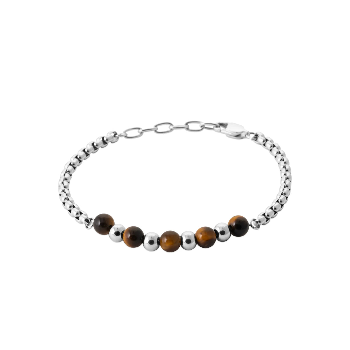 Bracelet chaîne et perles d’œil-de-tigre en acier homme