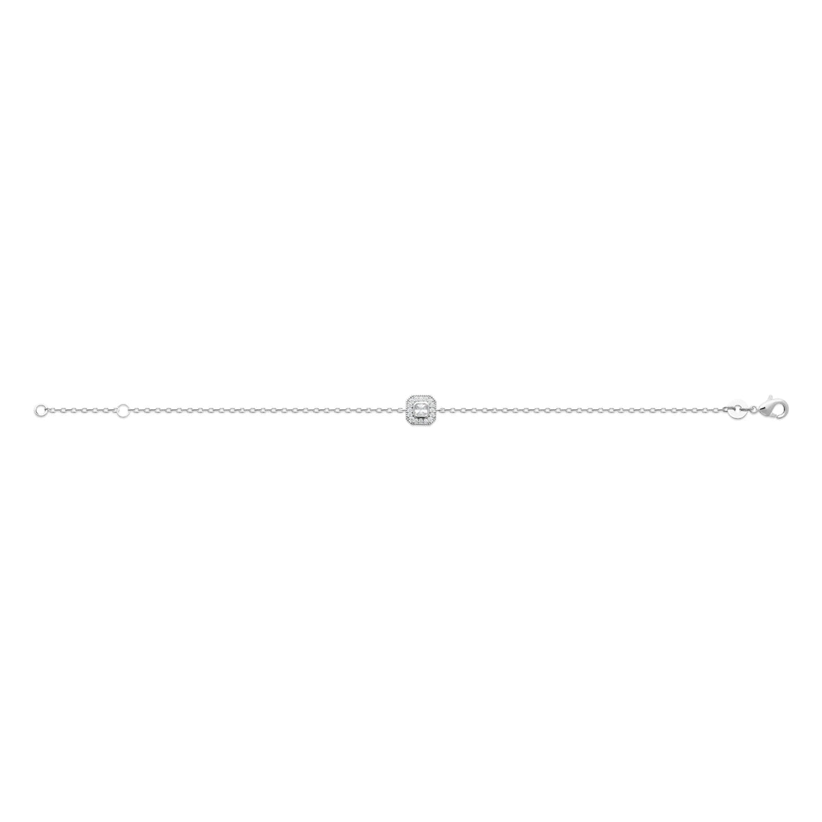 Bracelet chaîne fine et zircon dans un halo carré en argent 925, posé à plat sur toute sa longueur