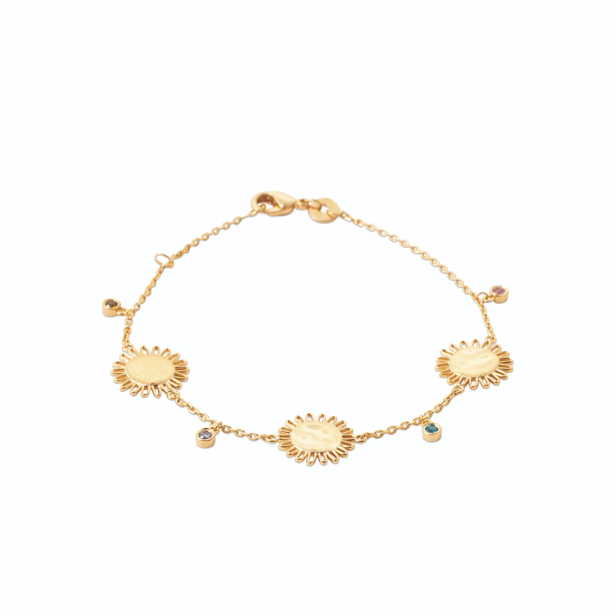 Bracelet chaîne trois médailles soleil et pampilles colorées en plaqué or