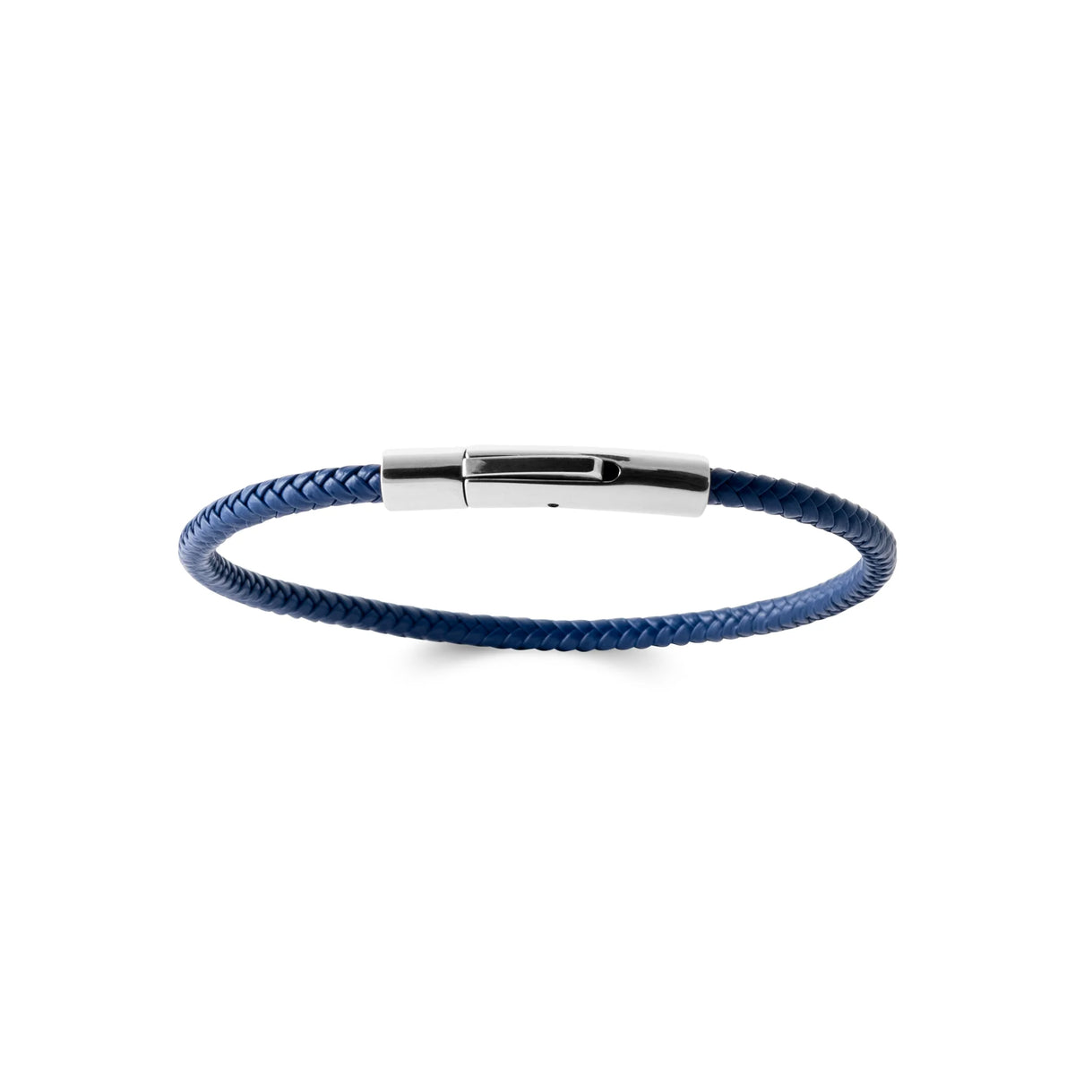 Bracelet cuir tressé fin bleu marine et fermoir acier vu de profil