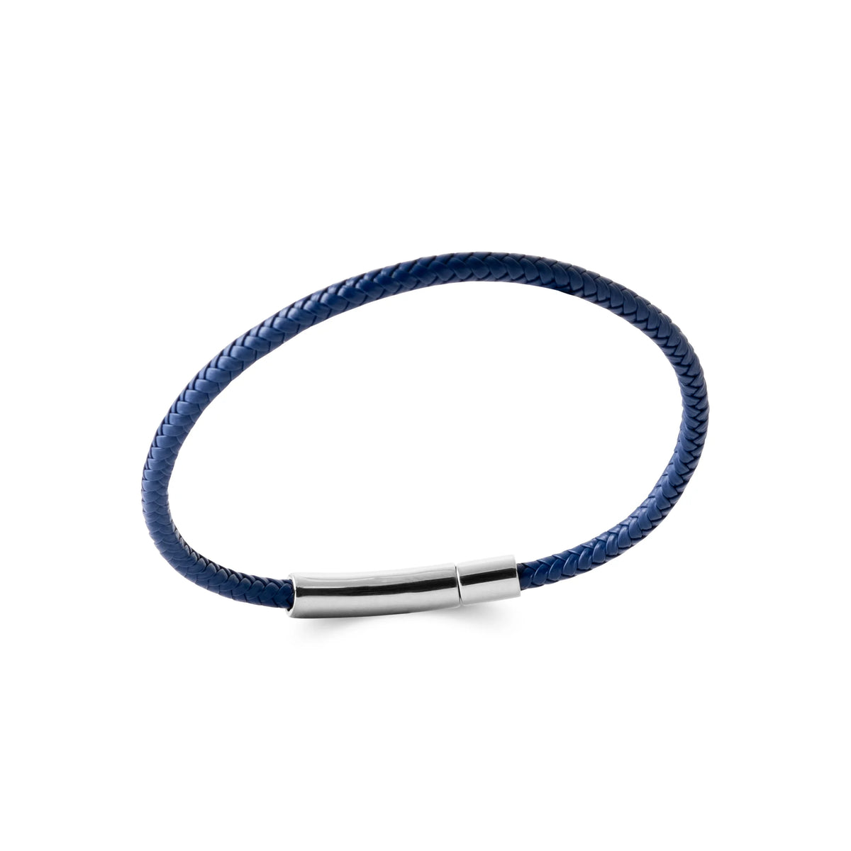 Bracelet cuir tressé fin bleu marine et fermoir acier