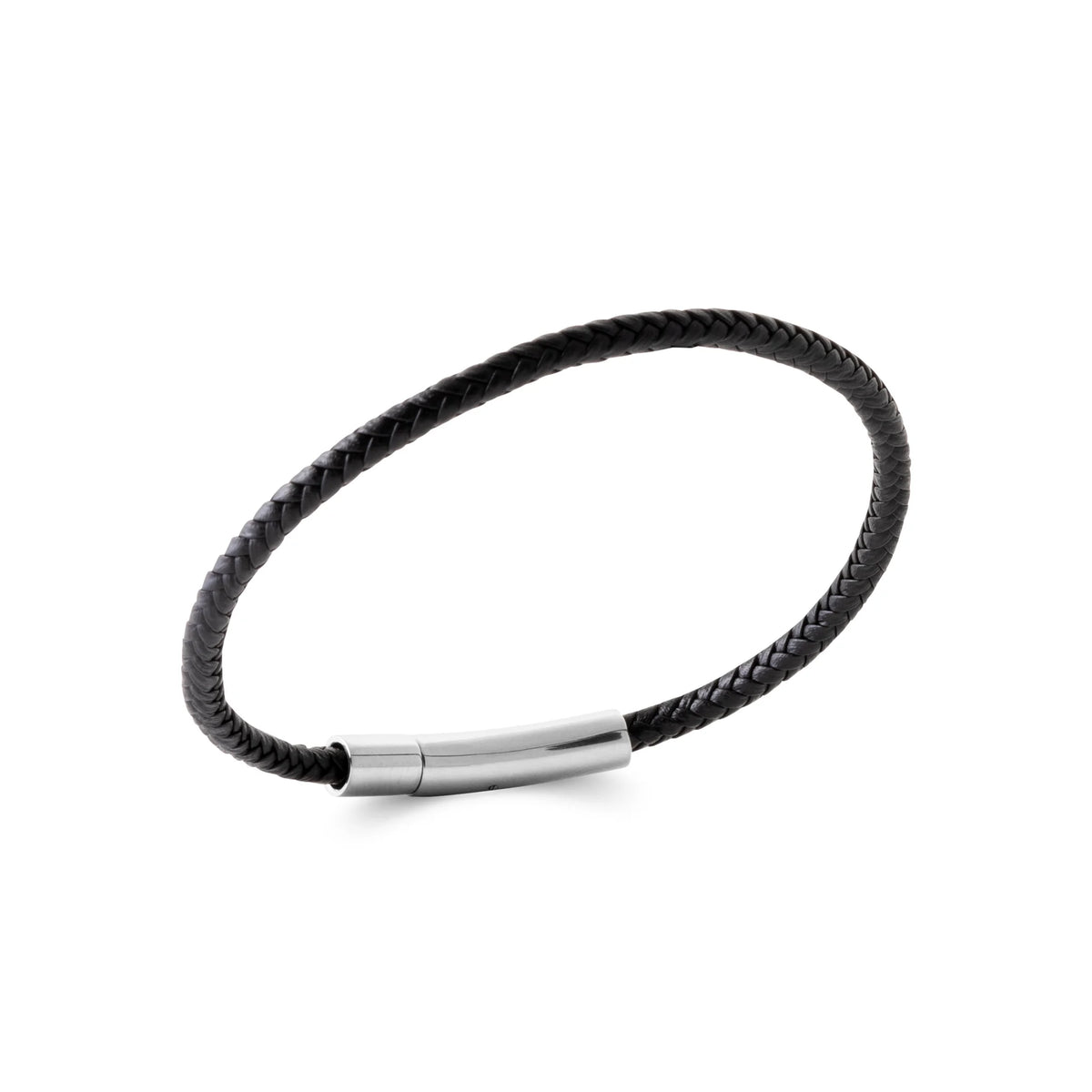 Bracelet cuir tressé fin noir et fermoir acier