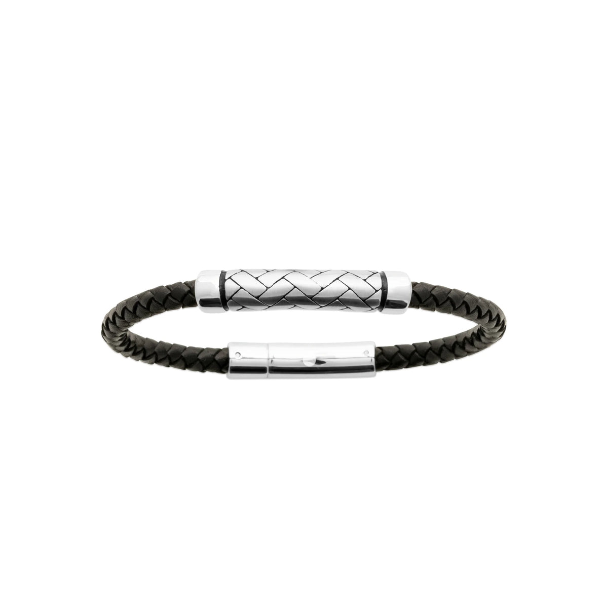 Bracelet cuir tressé noir et fermoir acier gravé homme