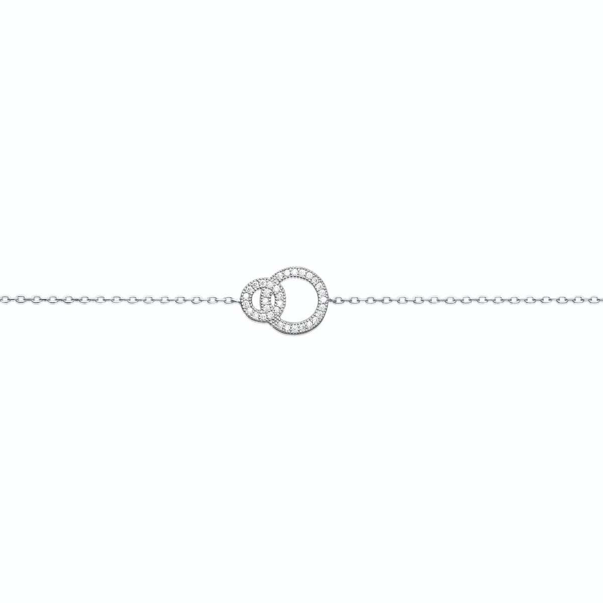 Bracelet deux anneaux entrelacés dont un pavé de zircons en argent 925, posé à plat sur toute sa longueur
