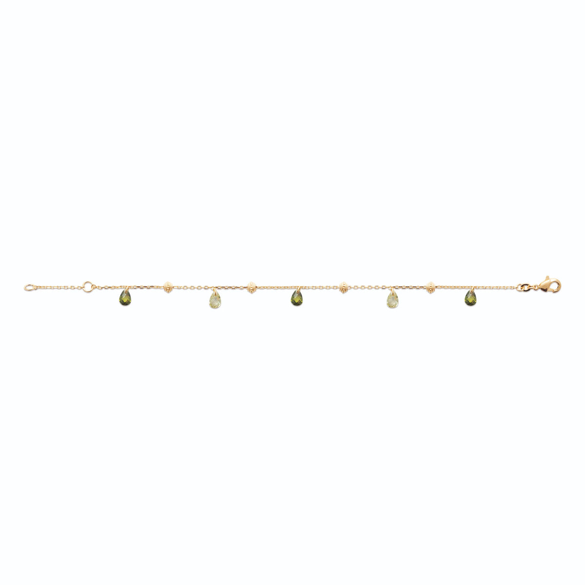 Bracelet gouttes de cristal vert et perles dorées en plaqué or