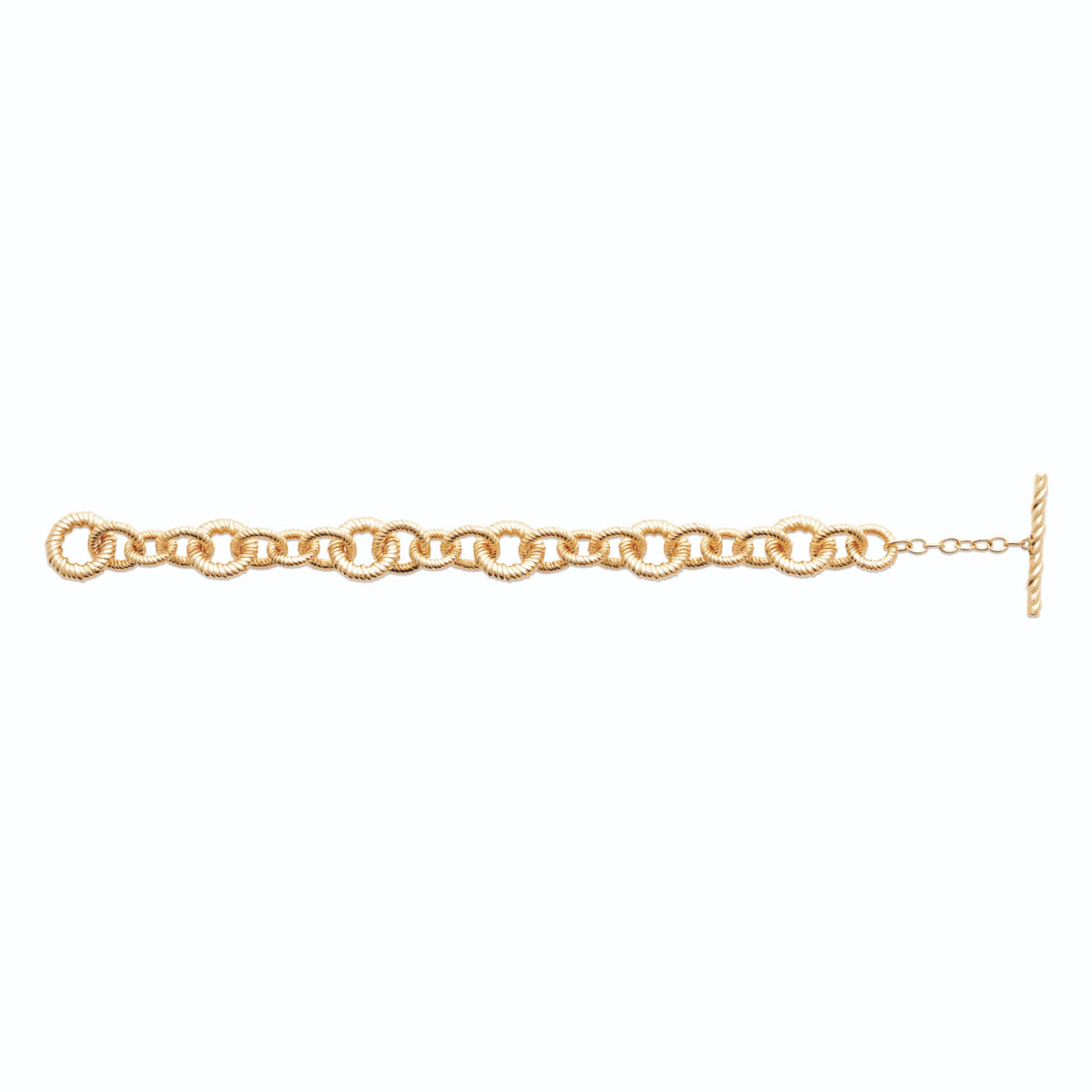 Bracelet gros maillons ronds texturés en plaqué or, vu à plat