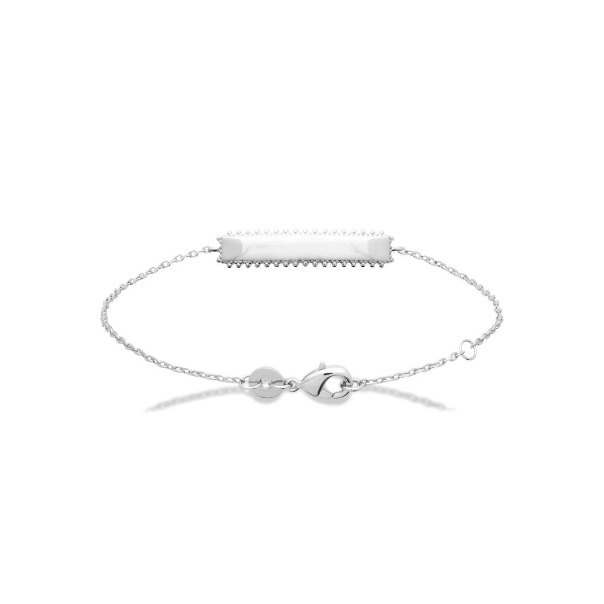 Bracelet identité chaîne fine à plaque perlée en argent rhodié