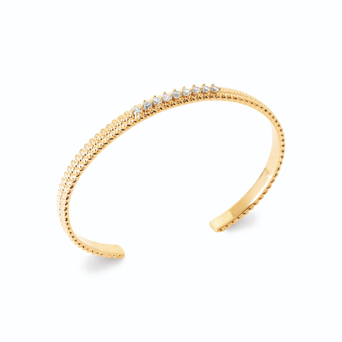 Bracelet jonc ouvert bordé de perles et ligne de zircons en plaqué or