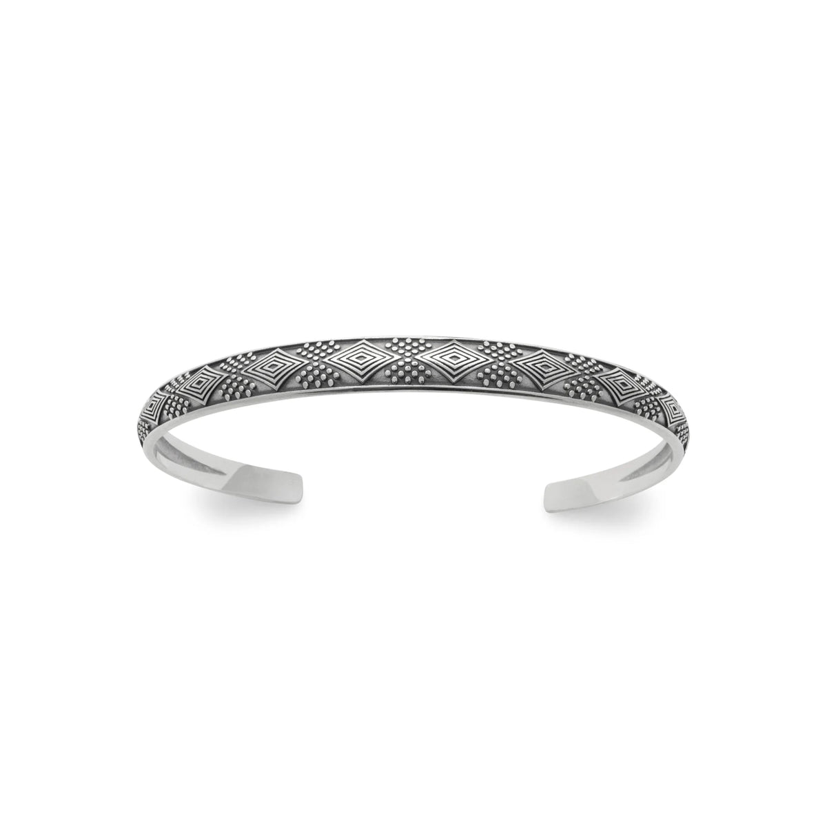 Bracelet jonc ouvert fin à motifs gravés en argent 925 vu de profil