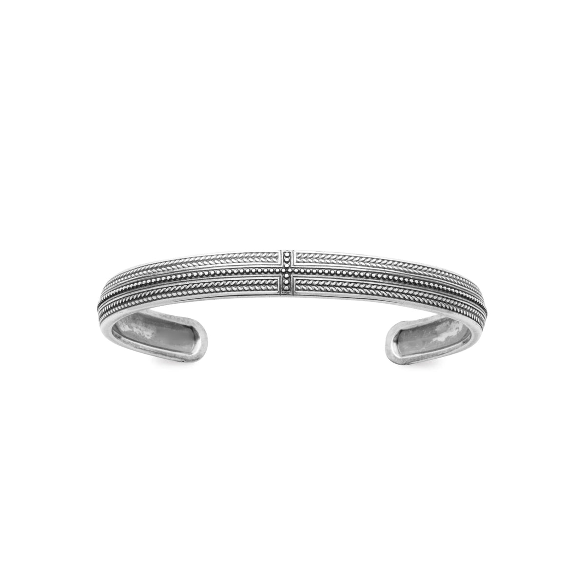 Bracelet jonc ouvert large à lignes perlées en argent 925 homme vu de profil