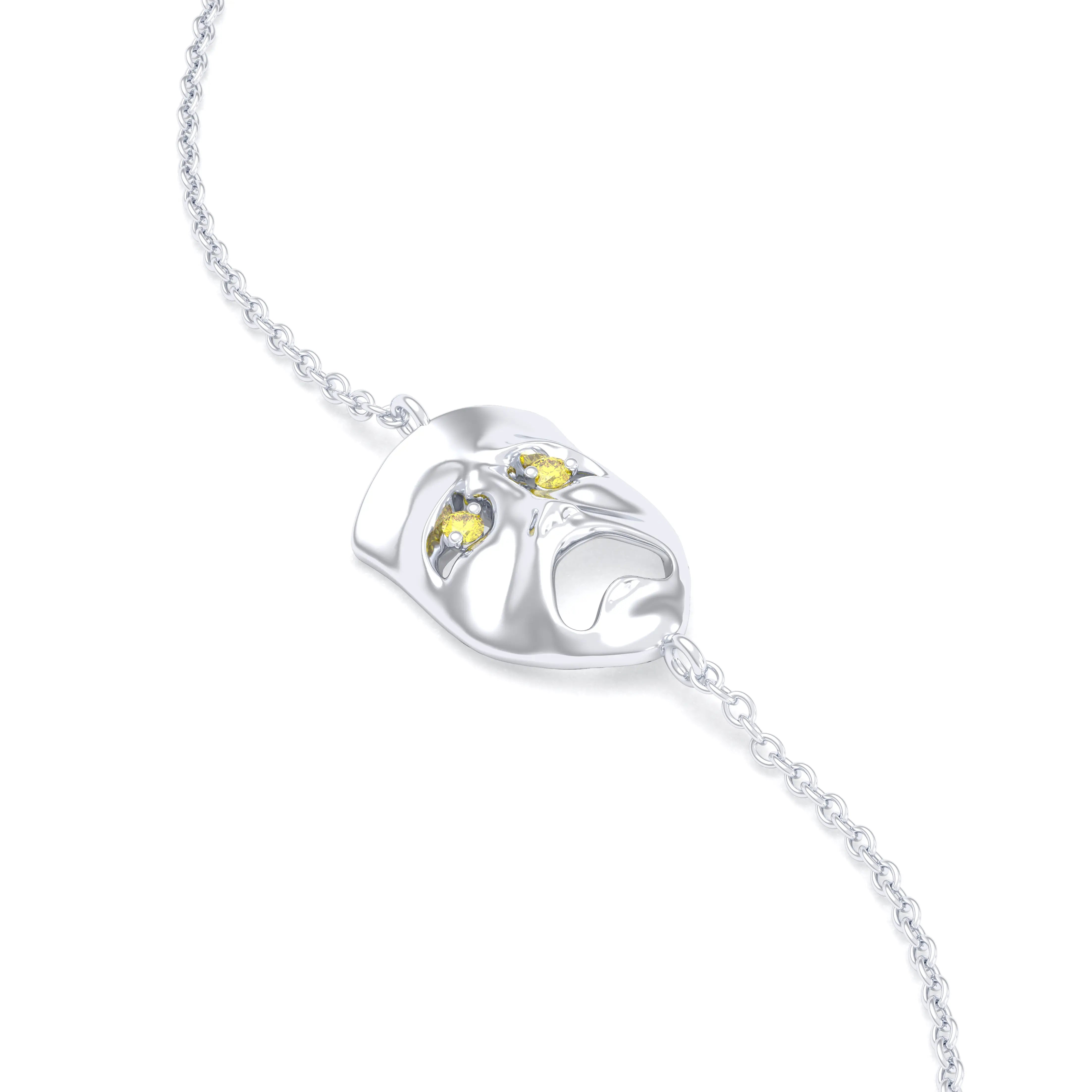 Bracelet Mélancolie en or blanc 18 carats, masque théâtre triste Diamant jaune