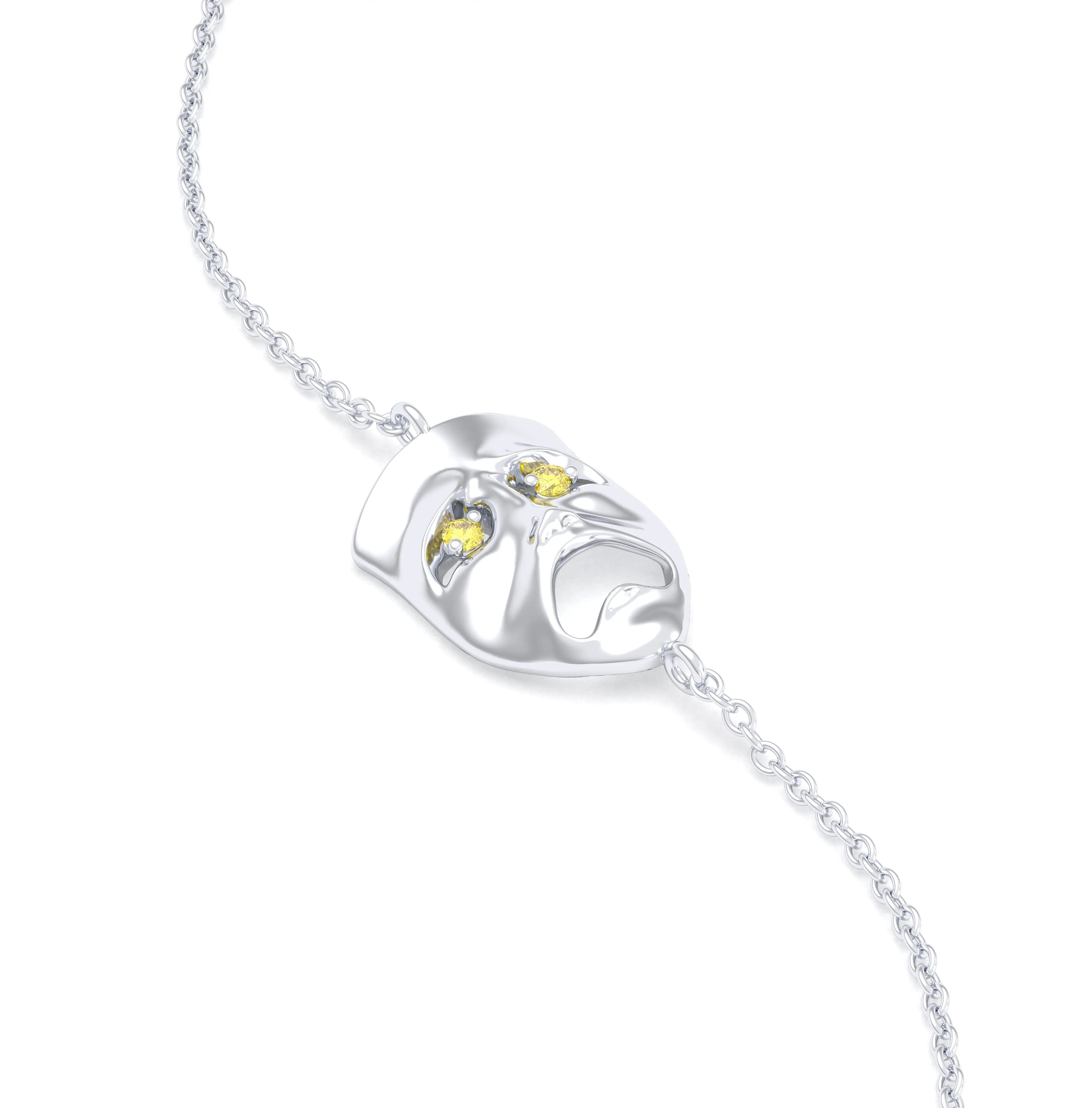 Bracelet Mélancolie en or blanc 18 carats, masque théâtre triste Diamant jaune