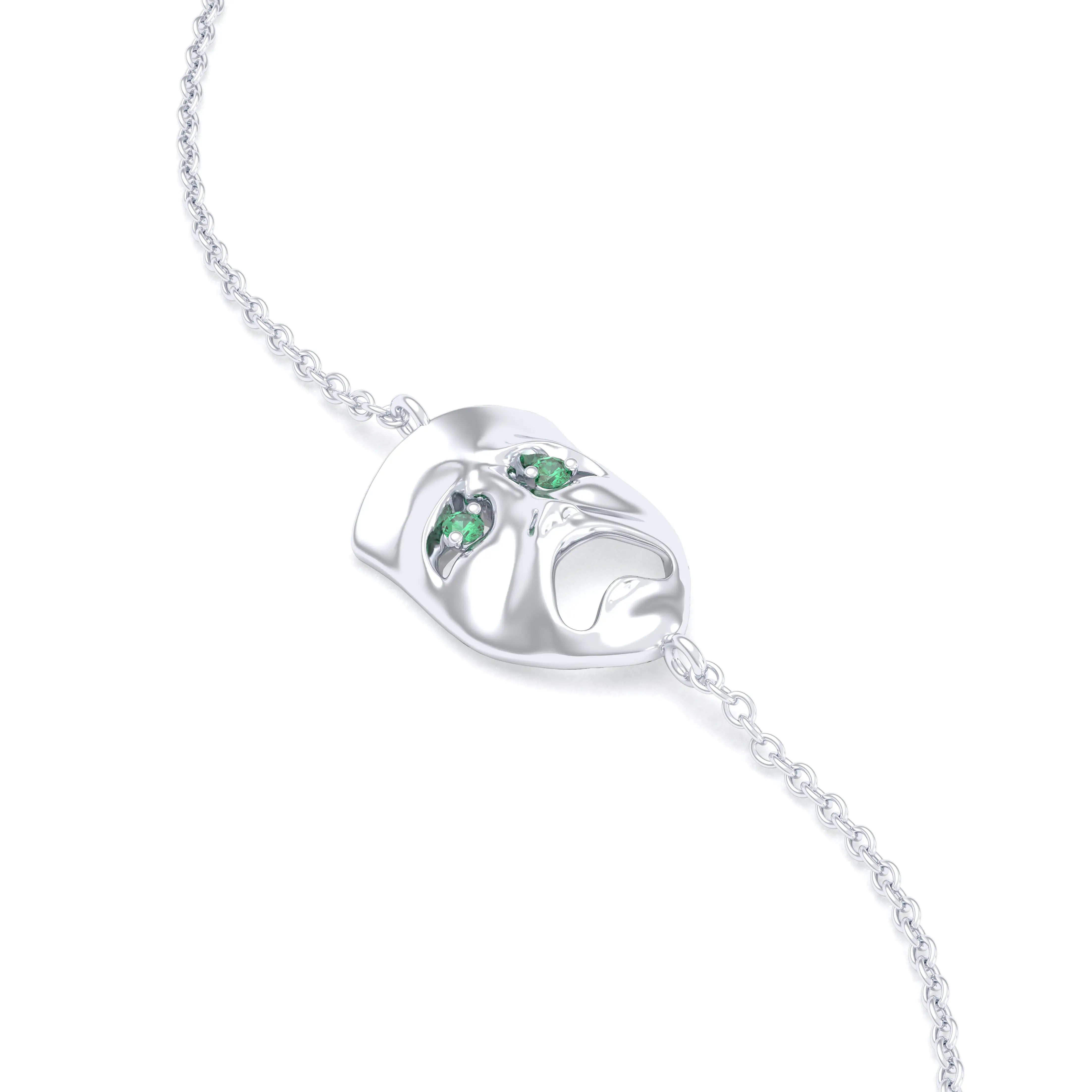 Bracelet Mélancolie en or blanc 18 carats, masque théâtre triste Emeraude