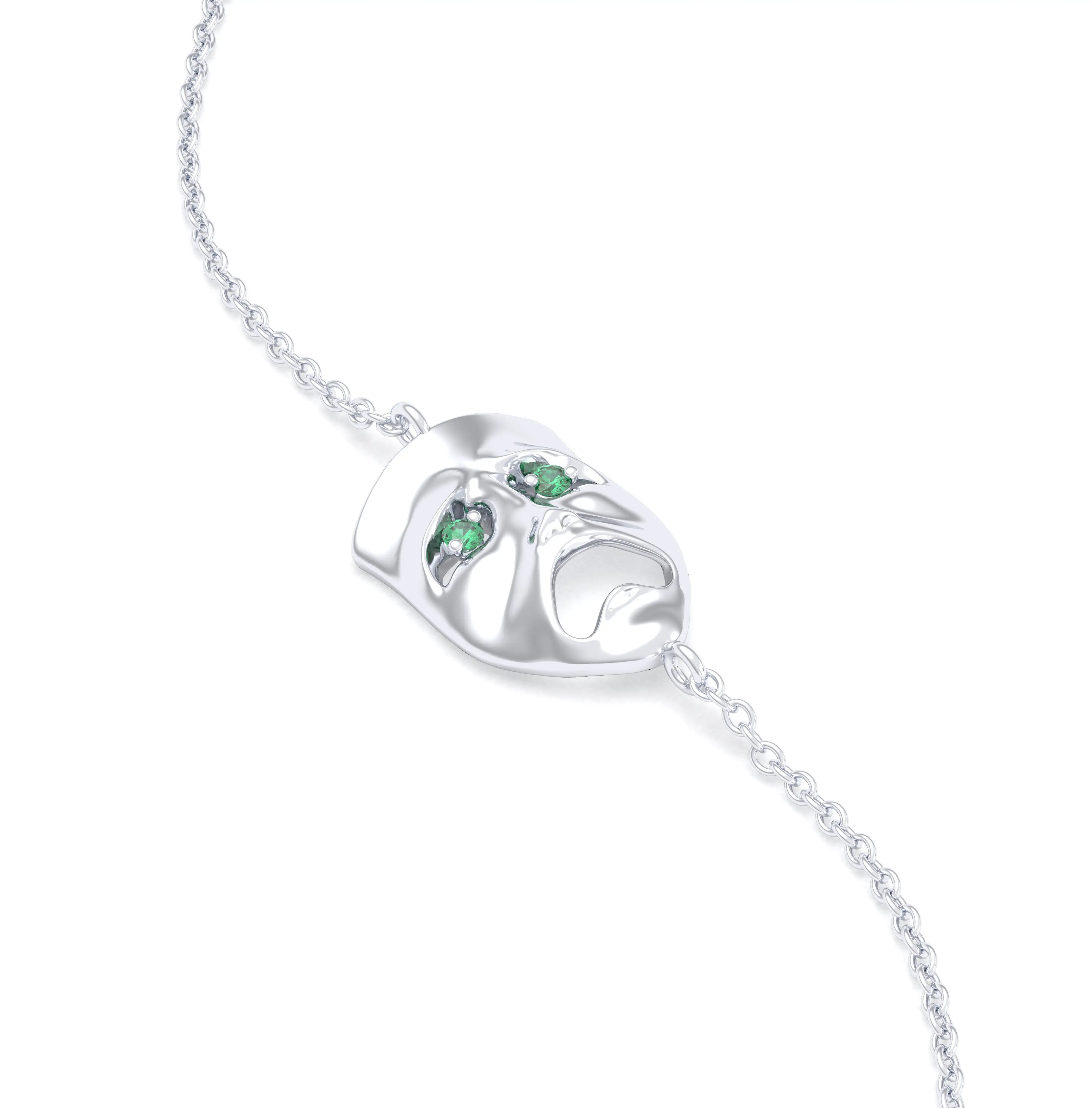 Bracelet Mélancolie en or blanc 18 carats, masque théâtre triste Emeraude
