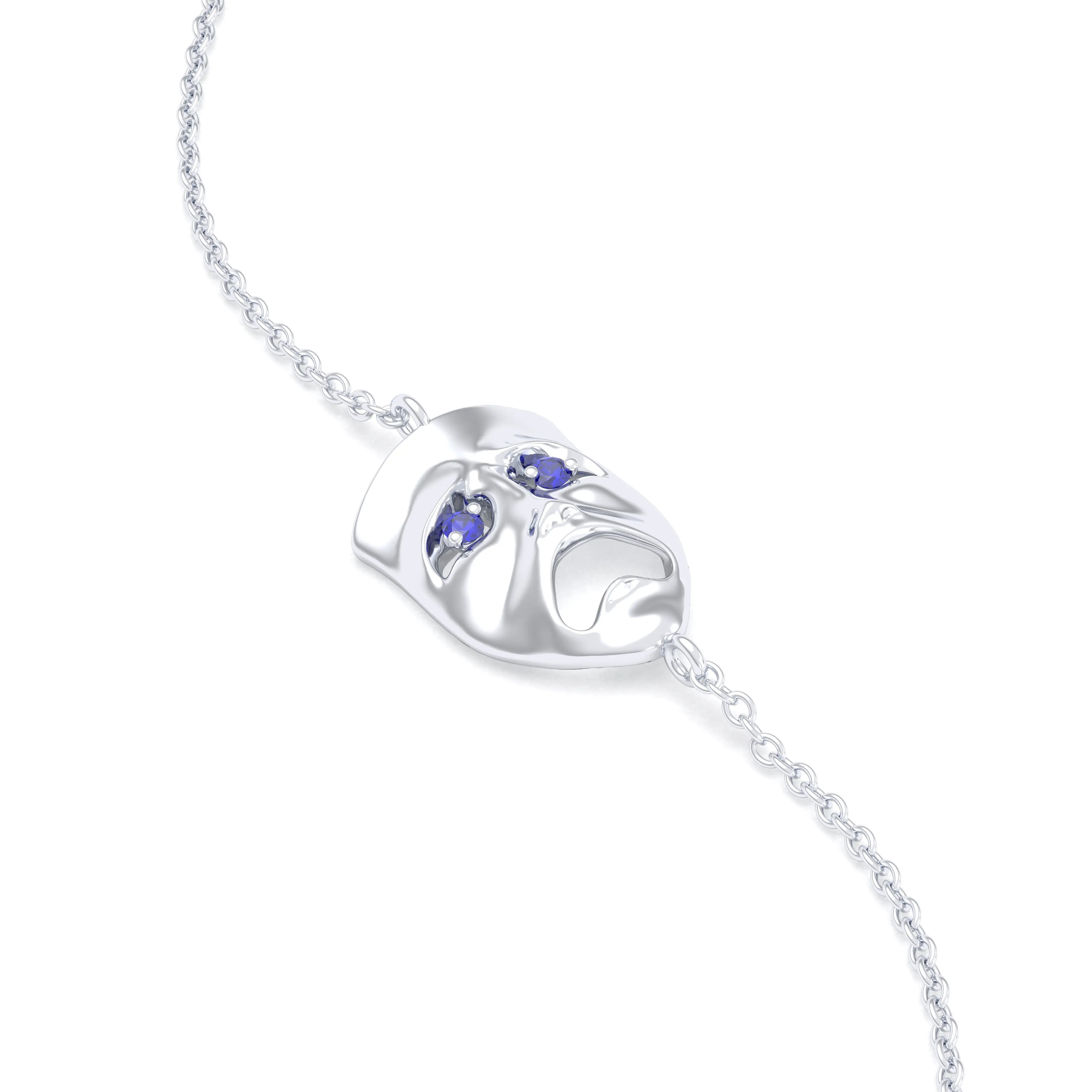 Bracelet Mélancolie en or blanc 18 carats, masque théâtre triste Saphir bleu