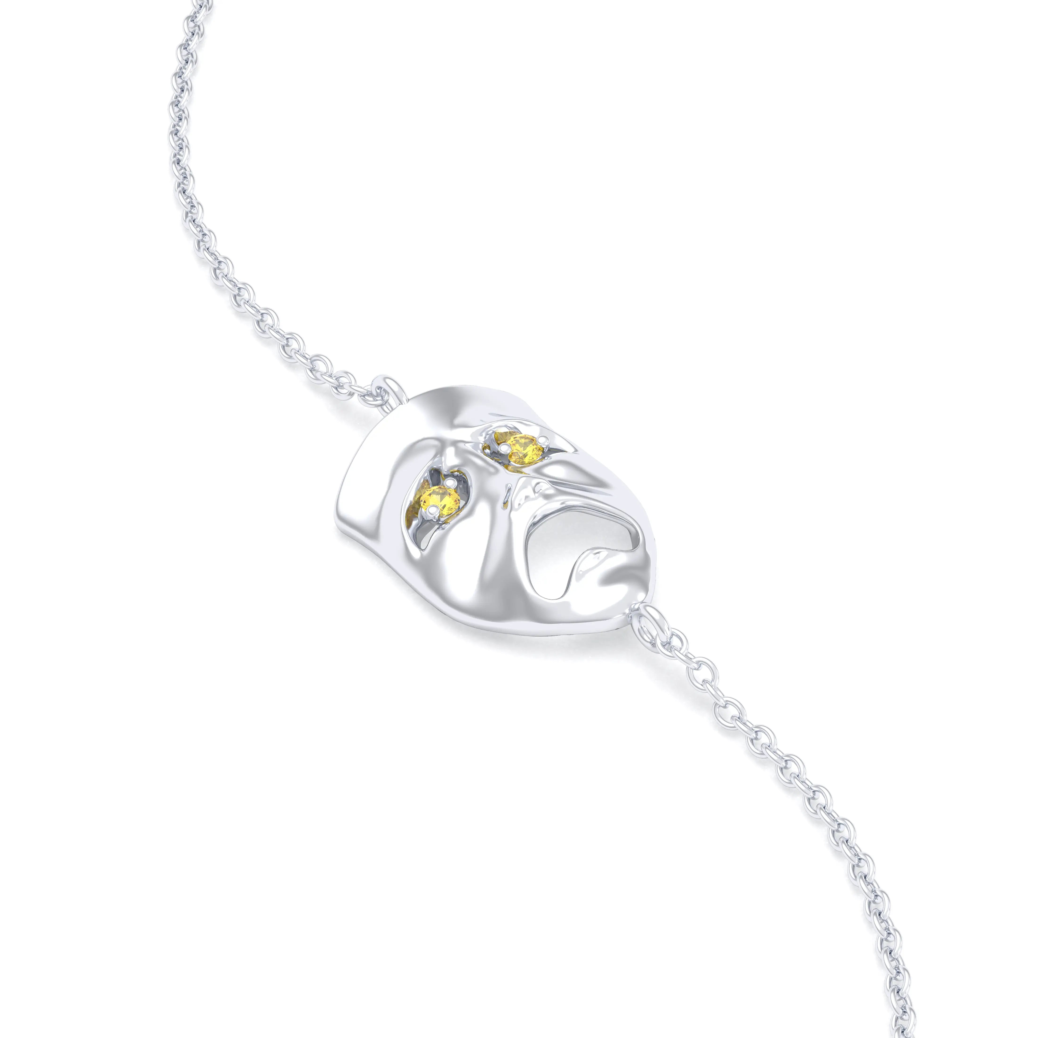 Bracelet Mélancolie en or blanc 18 carats, masque théâtre triste Saphir jaune