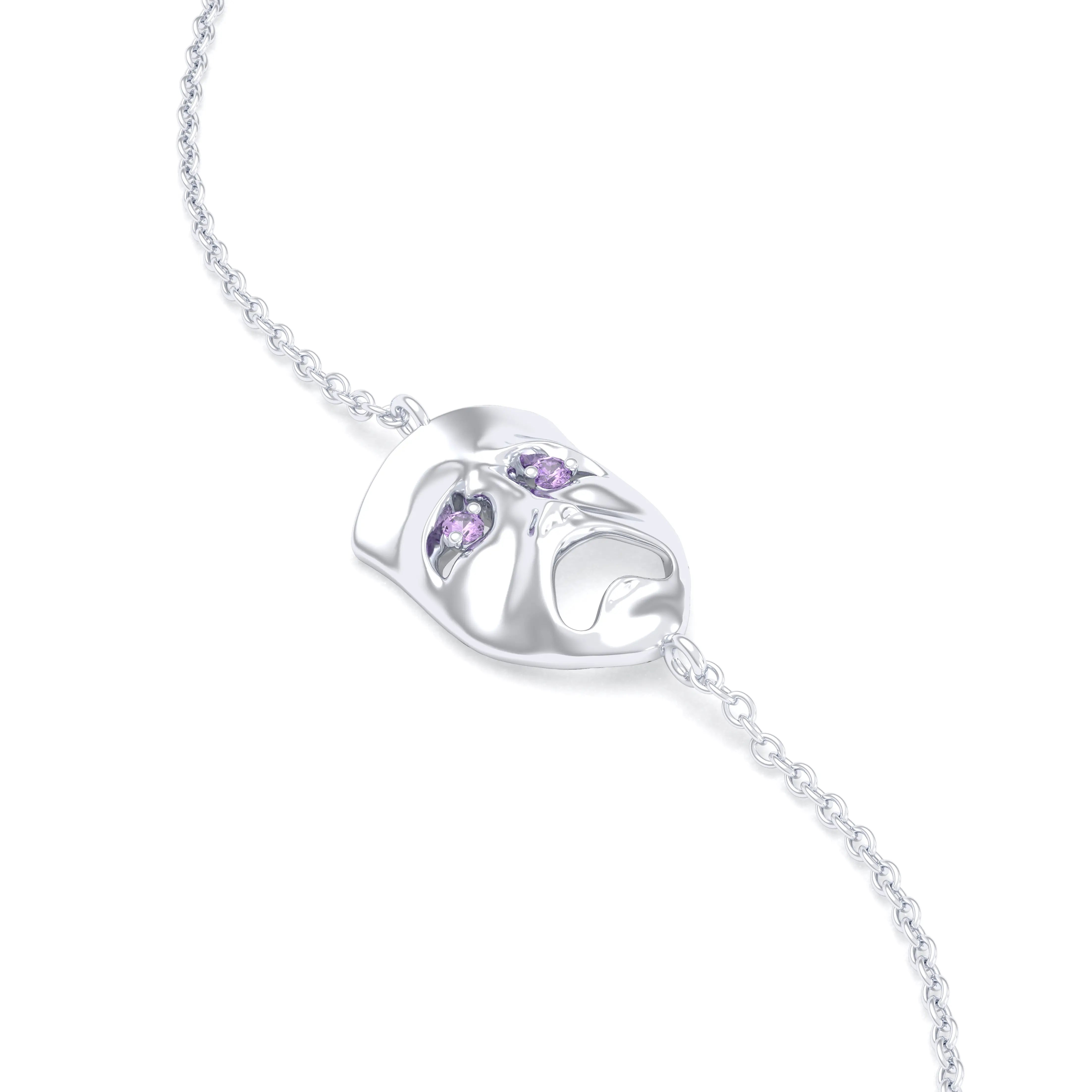 Bracelet Mélancolie en or blanc 18 carats, masque théâtre triste Saphir violet