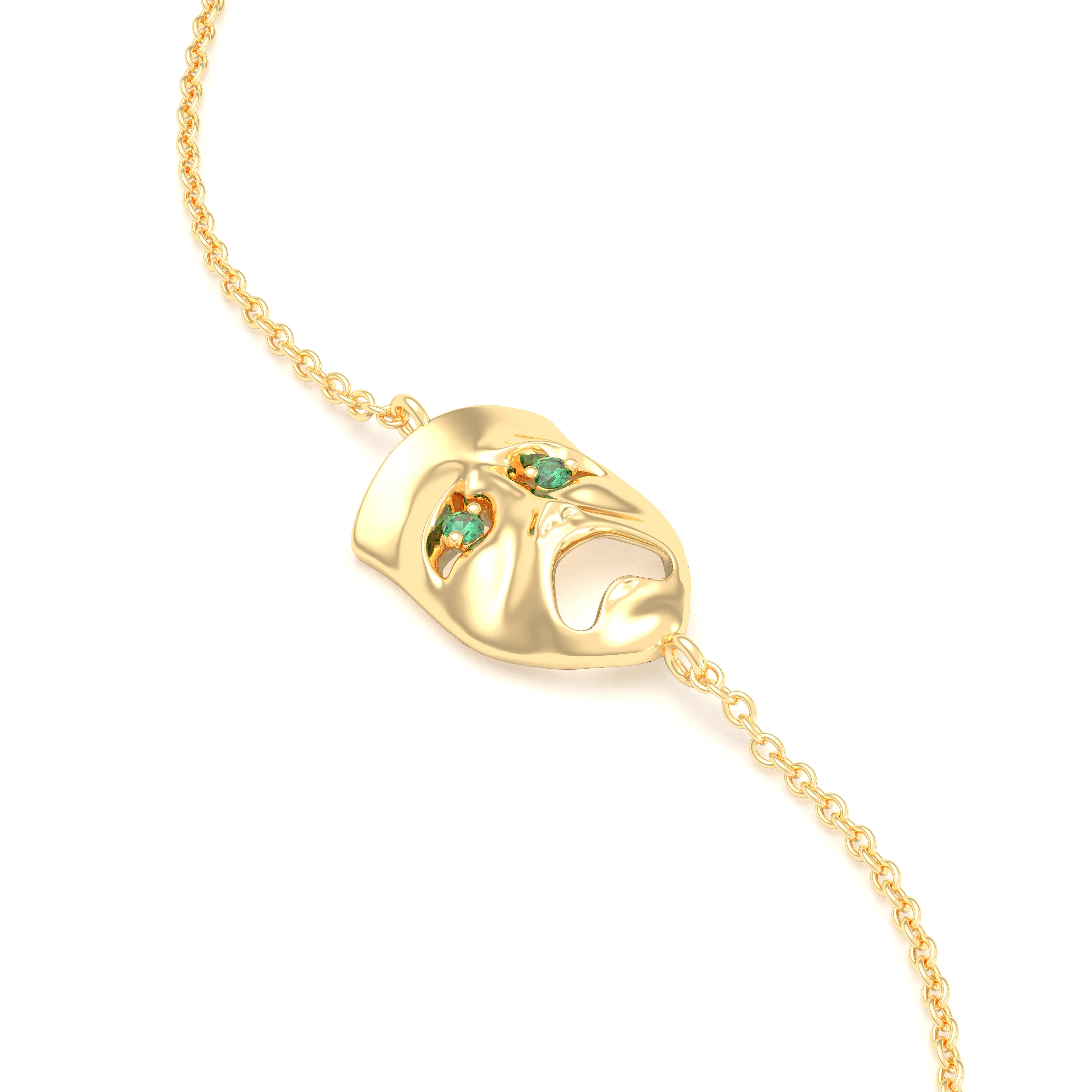 Bracelet Mélancolie en or jaune 18 carats, masque théâtre triste Emeraude
