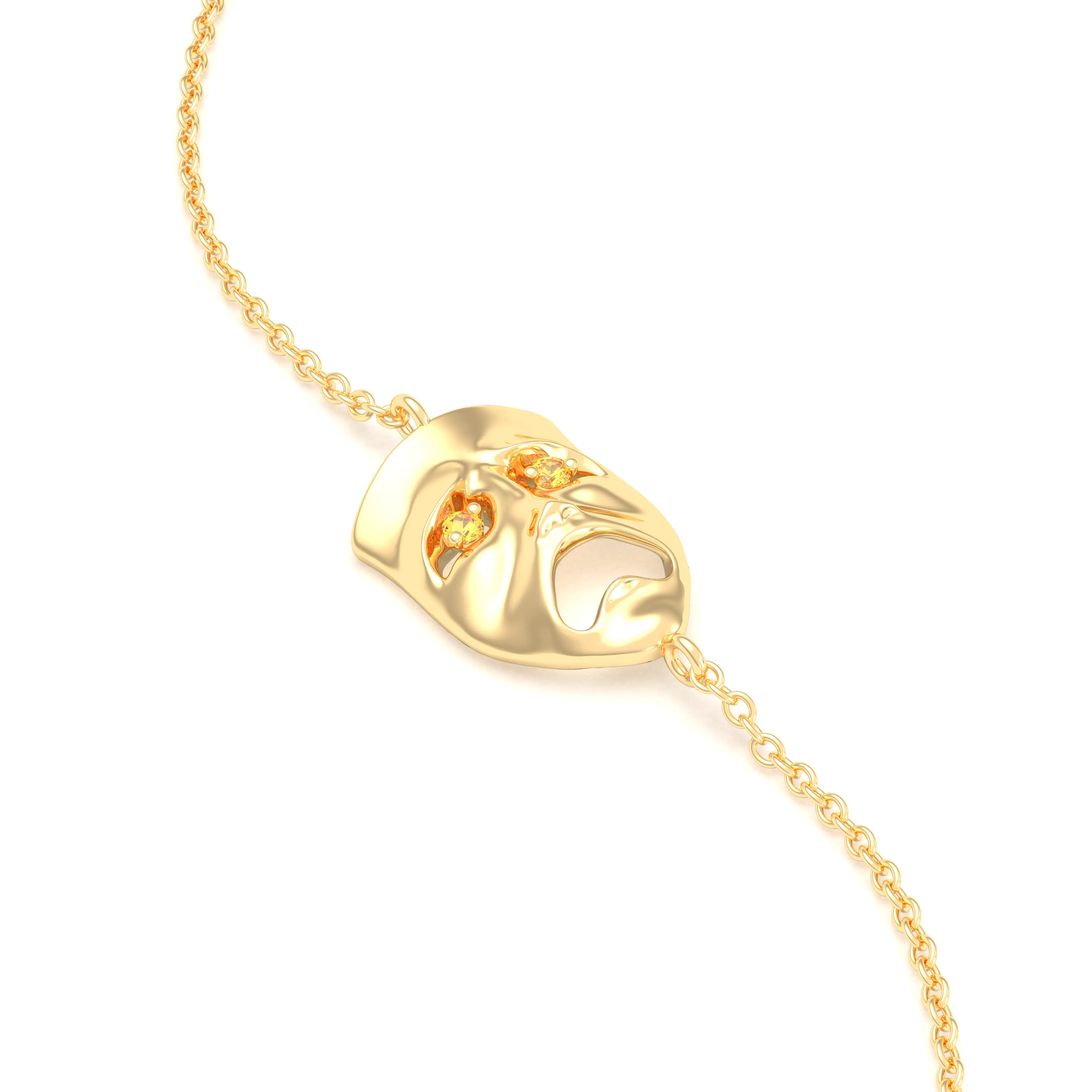 Bracelet Mélancolie en or jaune 18 carats, masque théâtre triste Saphir jaune