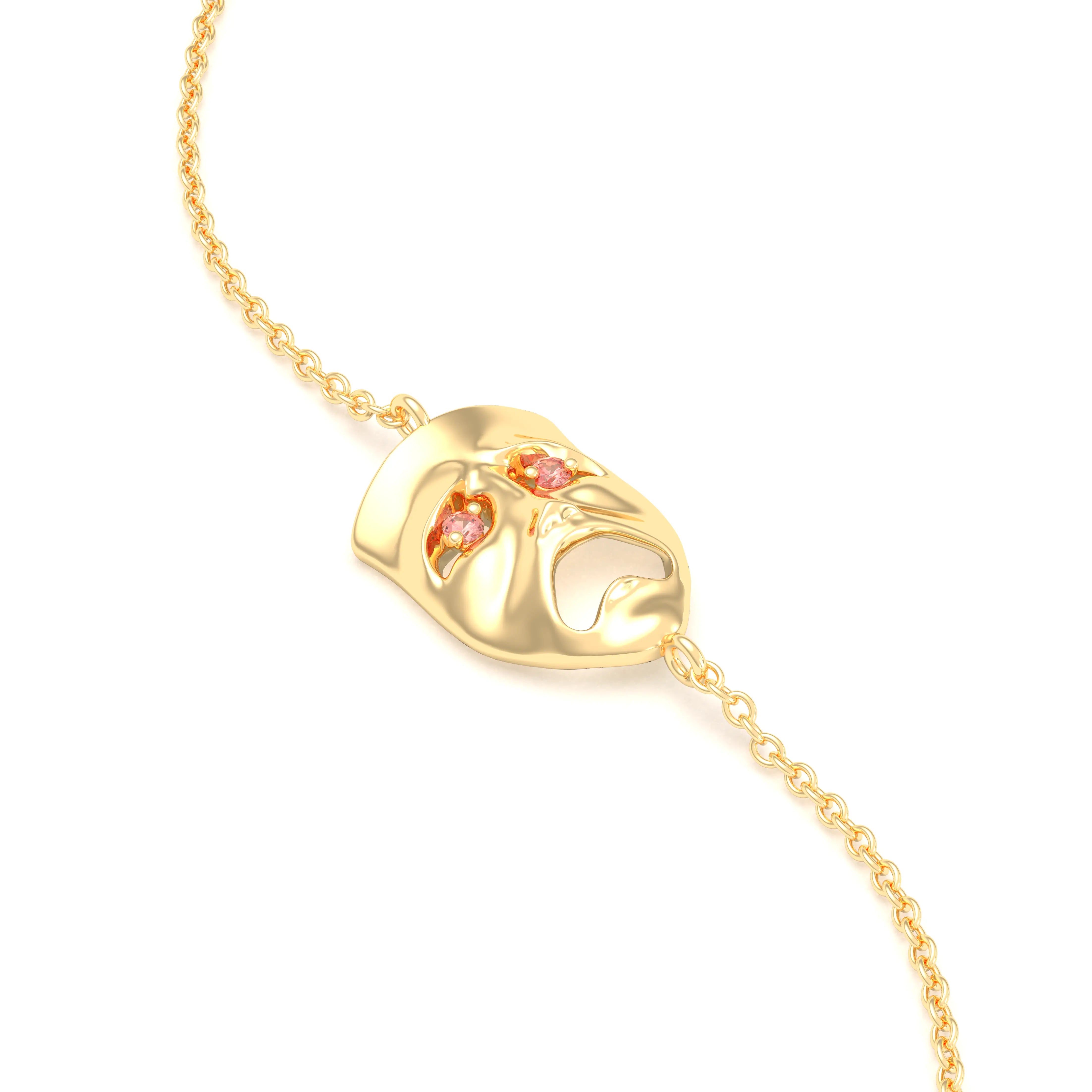 Bracelet Mélancolie en or jaune 18 carats, masque théâtre triste Saphir pêche