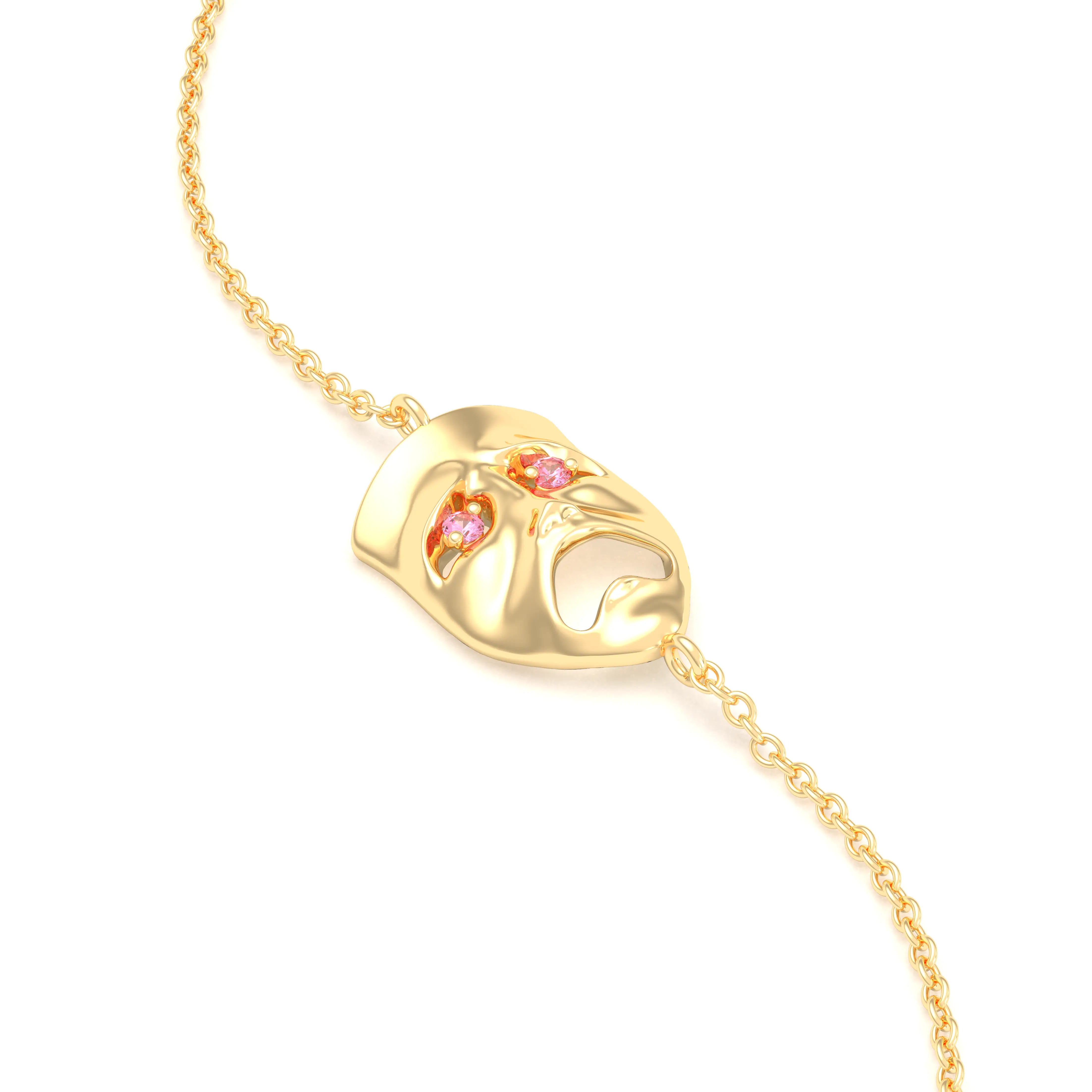 Bracelet Mélancolie en or jaune 18 carats, masque théâtre triste Saphir rose