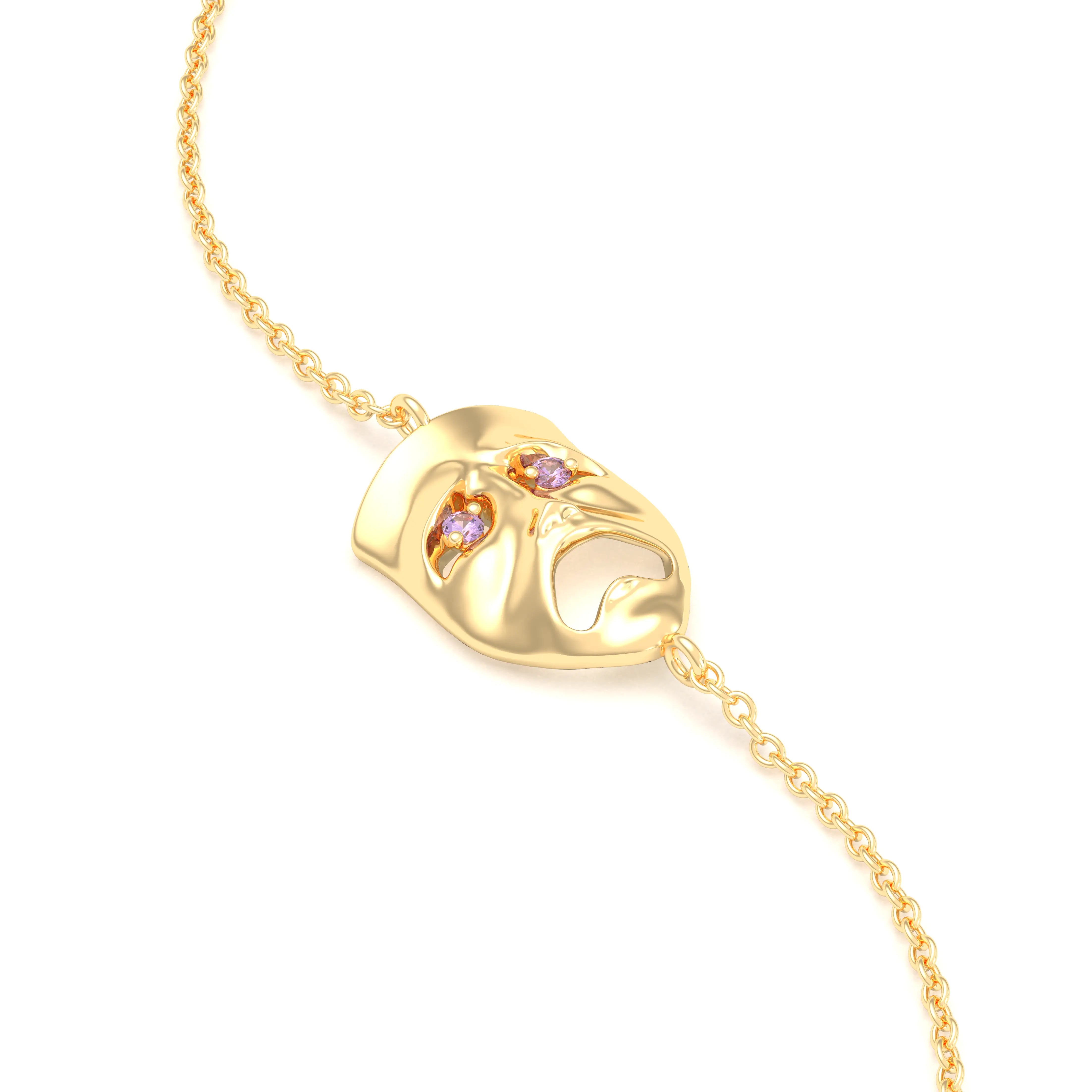 Bracelet Mélancolie en or jaune 18 carats, masque théâtre triste Saphir violet