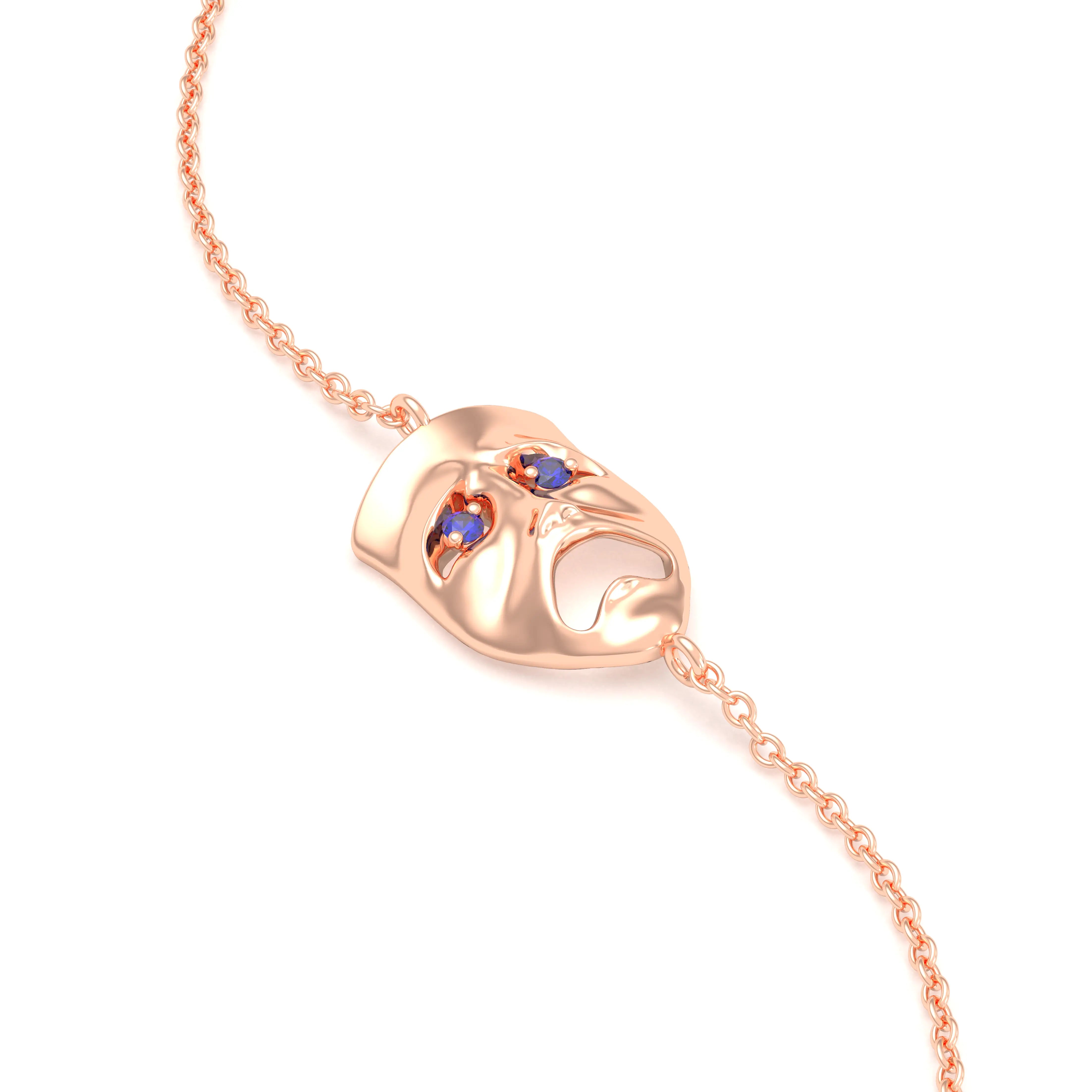 Bracelet Mélancolie en or rose 18 carats, masque théâtre triste Saphir bleu
