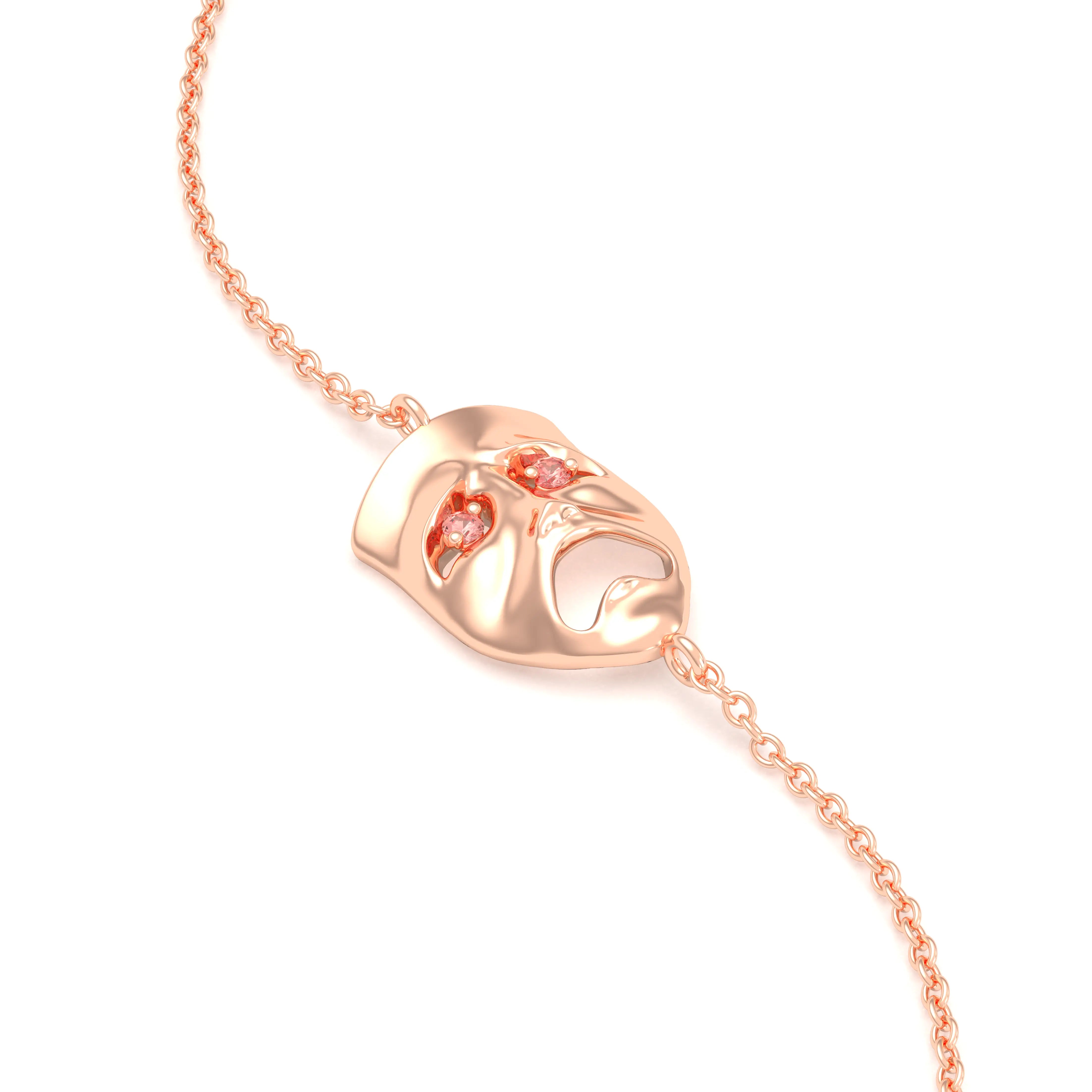 Bracelet Mélancolie en or rose 18 carats, masque théâtre triste Saphir pêche