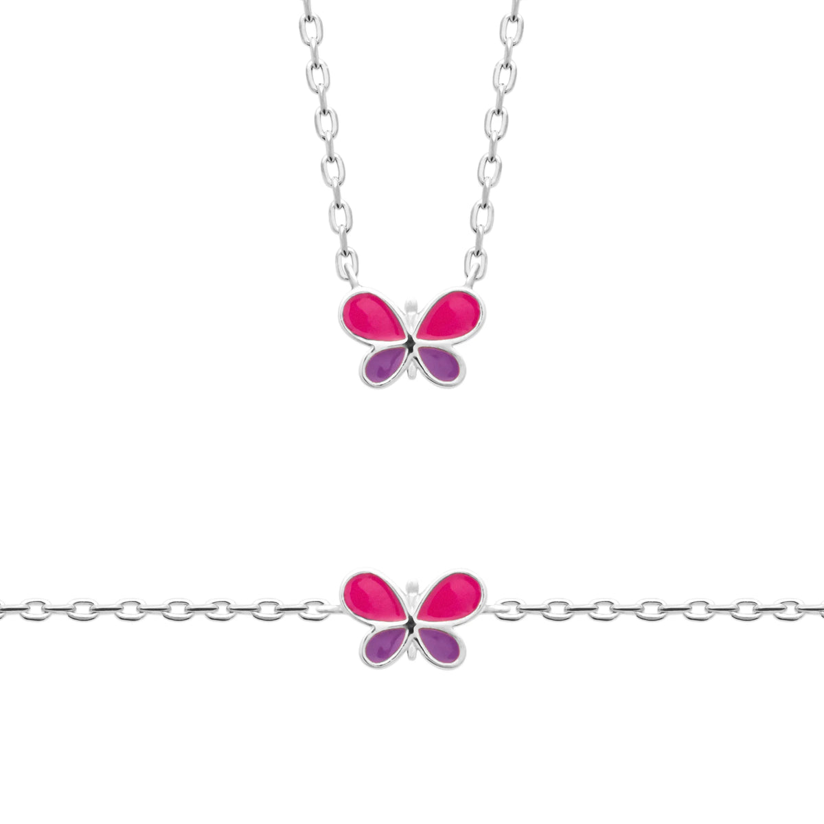 Bracelet papillon rose et violet enfant en argent 925 rhodié, 16 cm