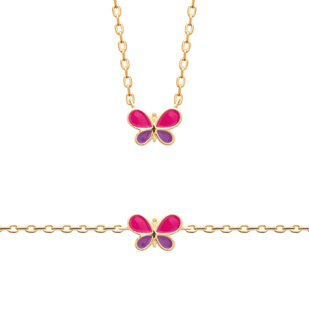 Bracelet papillon rose et violet enfant en plaqué or, 16 cm