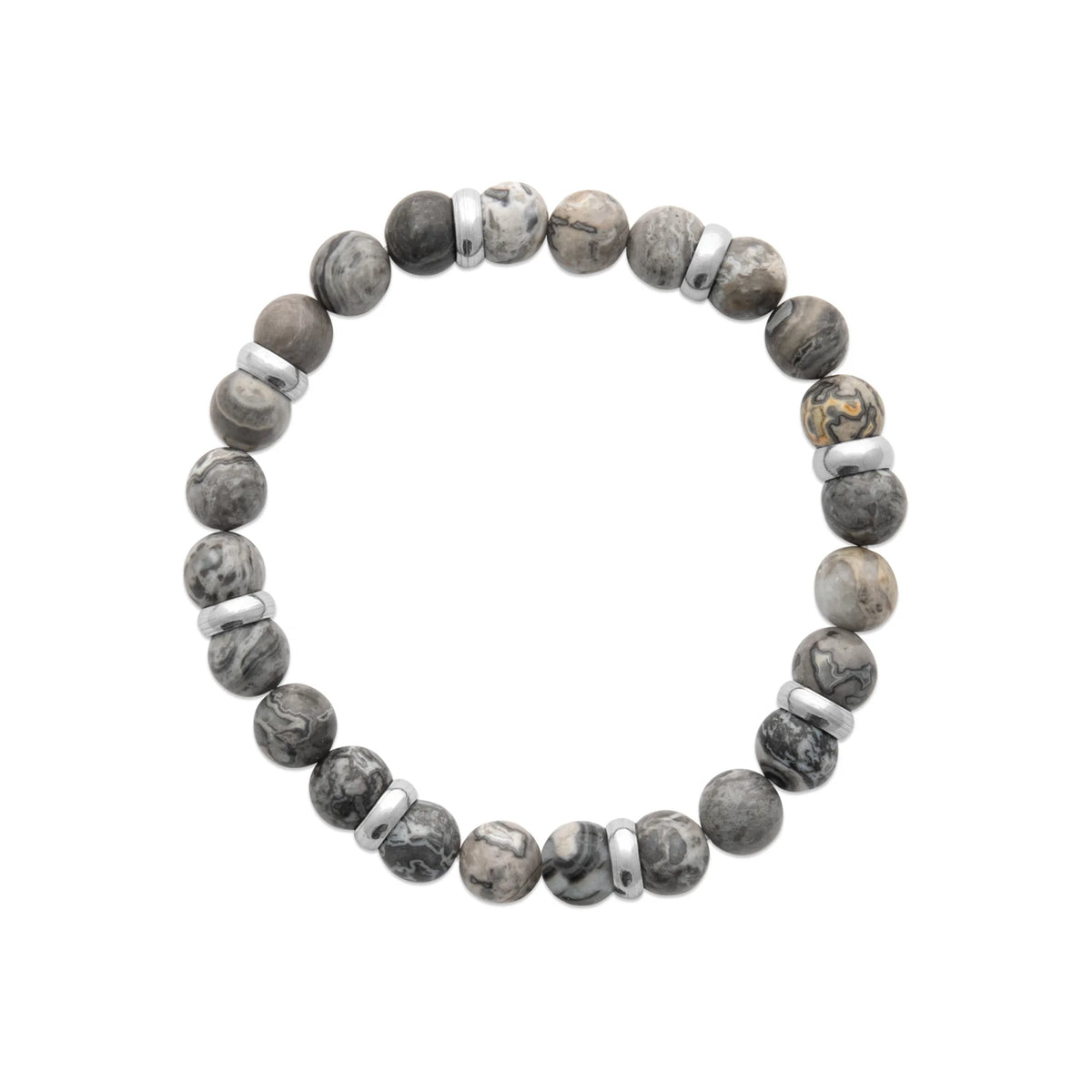 Bracelet perles de jaspe gris et acier homme vu de profil