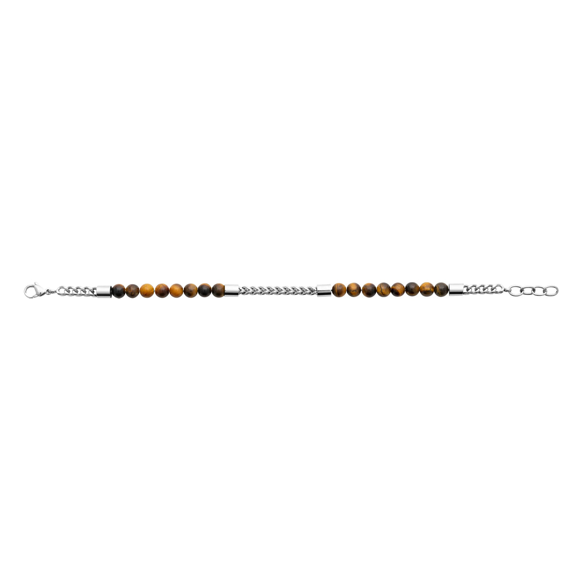 Bracelet perles d’œil-de-tigre et maille acier homme vu de profil