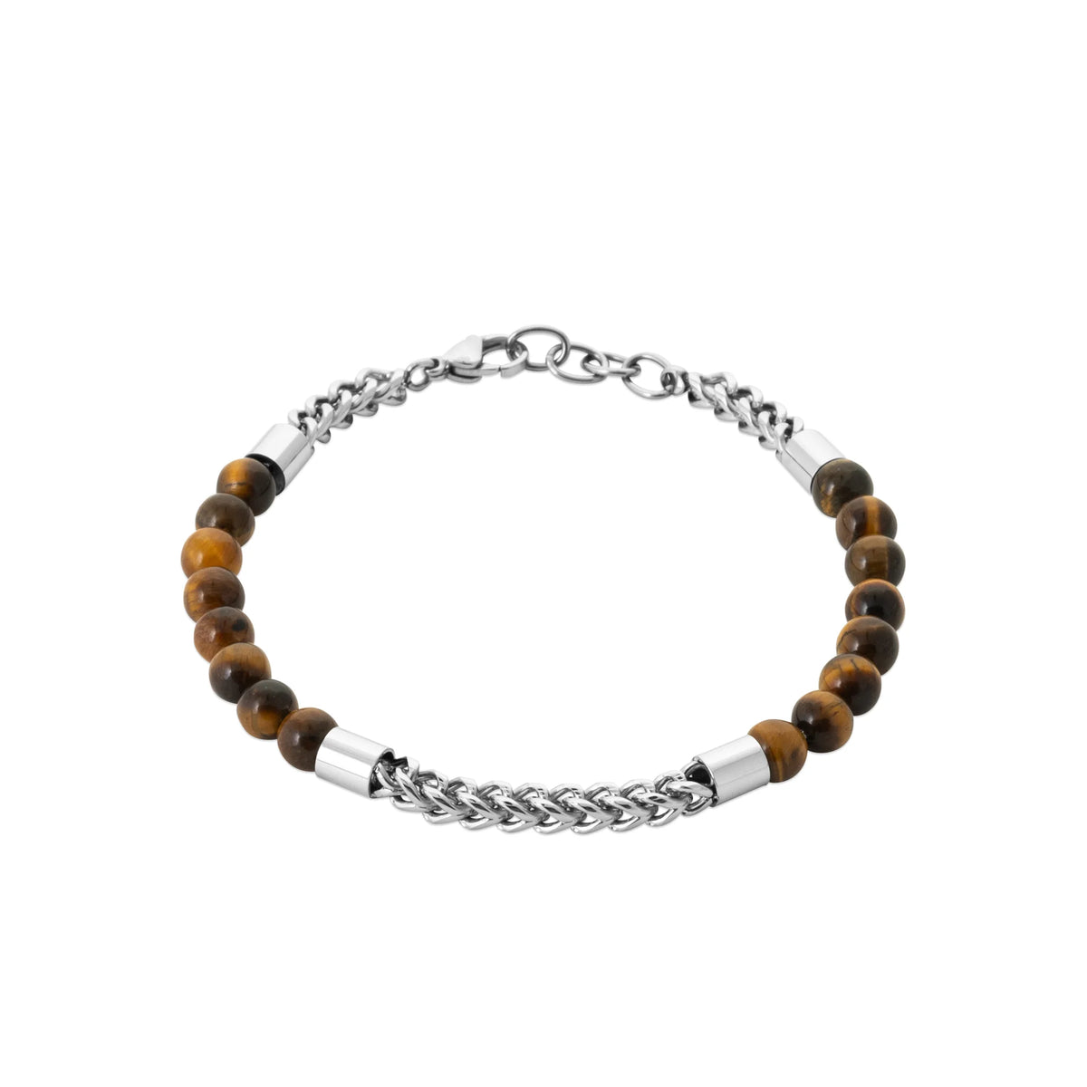 Bracelet perles d’œil-de-tigre et maille acier homme