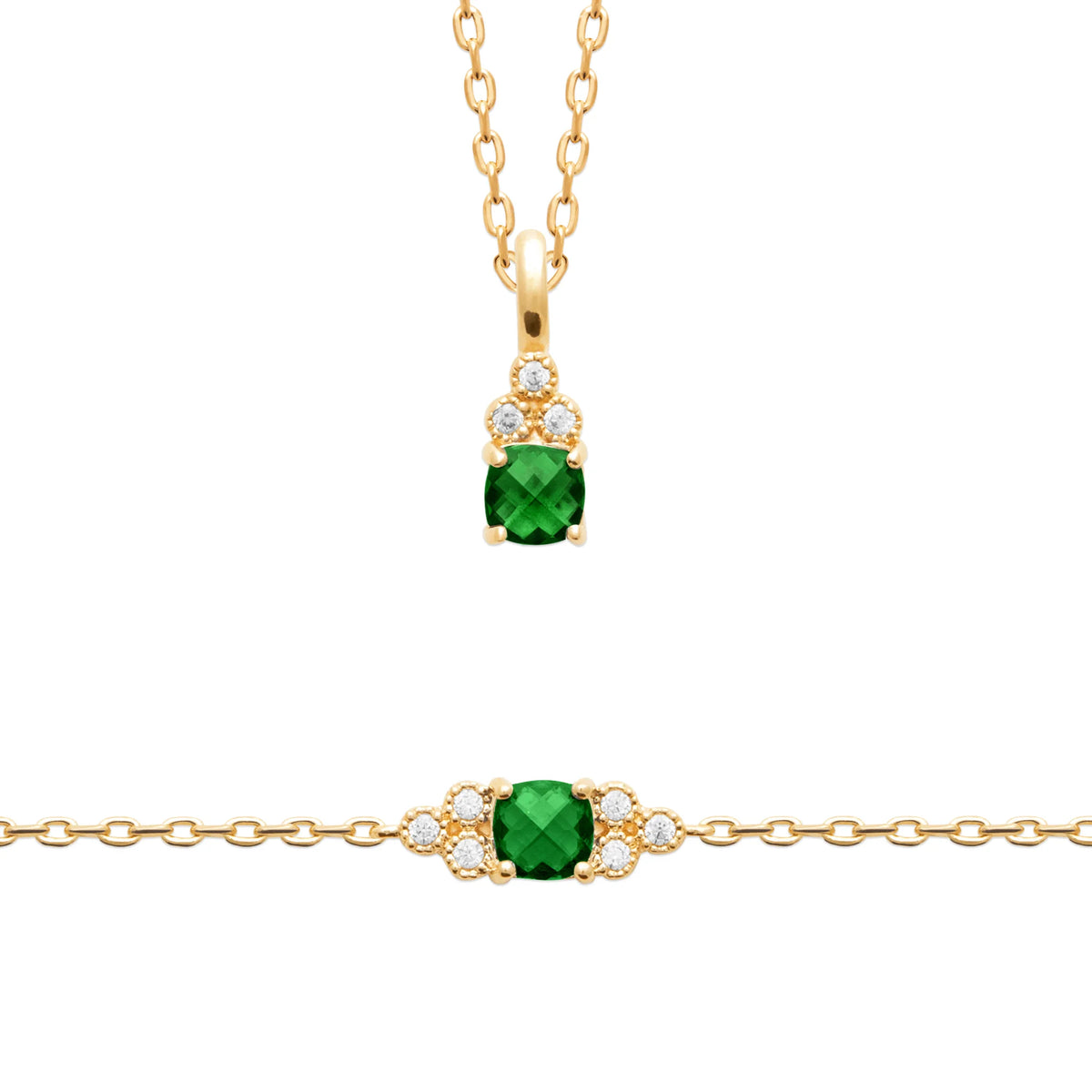 Bracelet pierre verte ovale et pendeloque de zircon en plaqué or