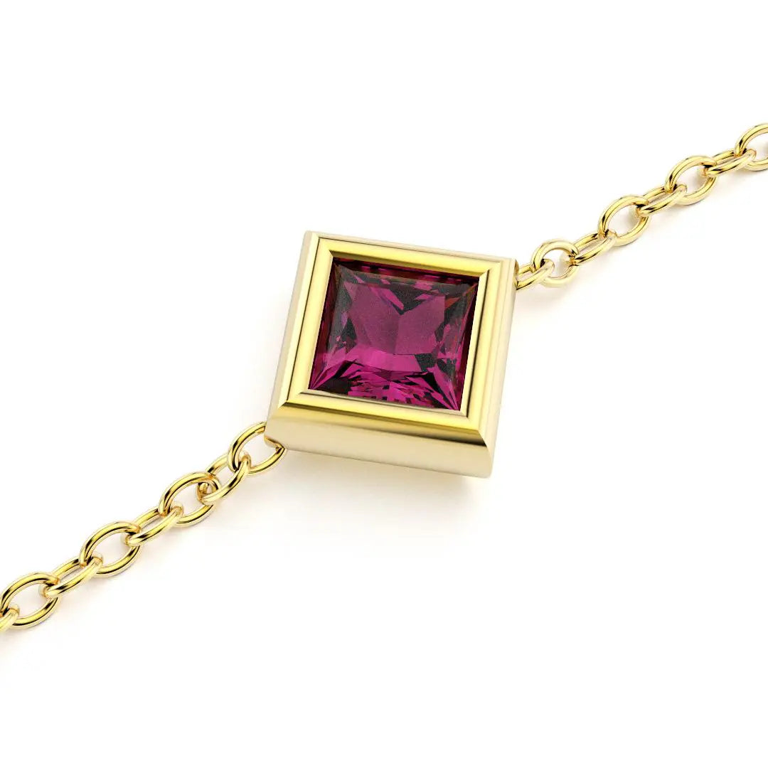 bracelet byzance pour femme forme carré en or jaune avec rhodolite