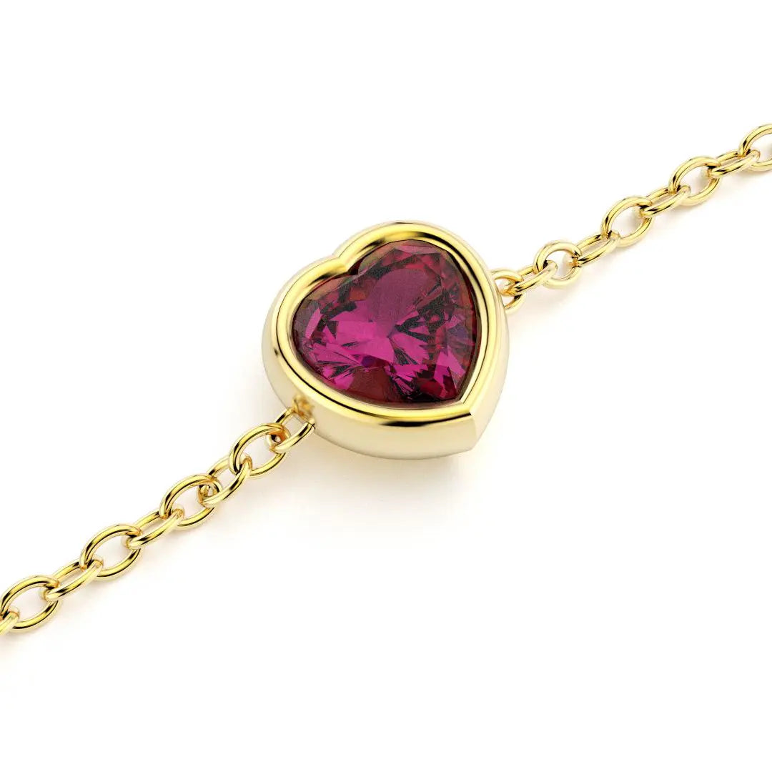 bracelet byzance pour femme forme coeur en or jaune avec rhodolite