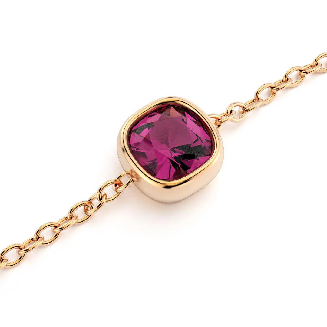 bracelet byzance pour femme forme coussin en or rose avec  rhodolite