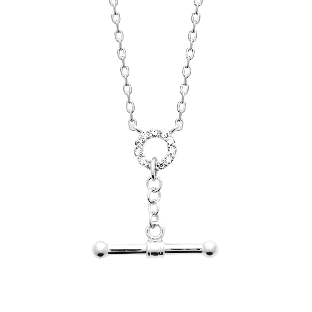 Collier anneau pavé de zircons et barre en T en argent 925