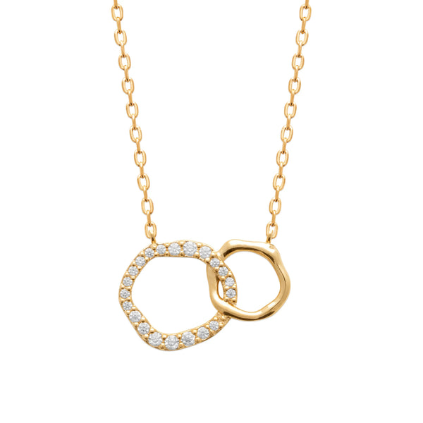 Collier deux anneaux entrelacés en plaqué or et zircons