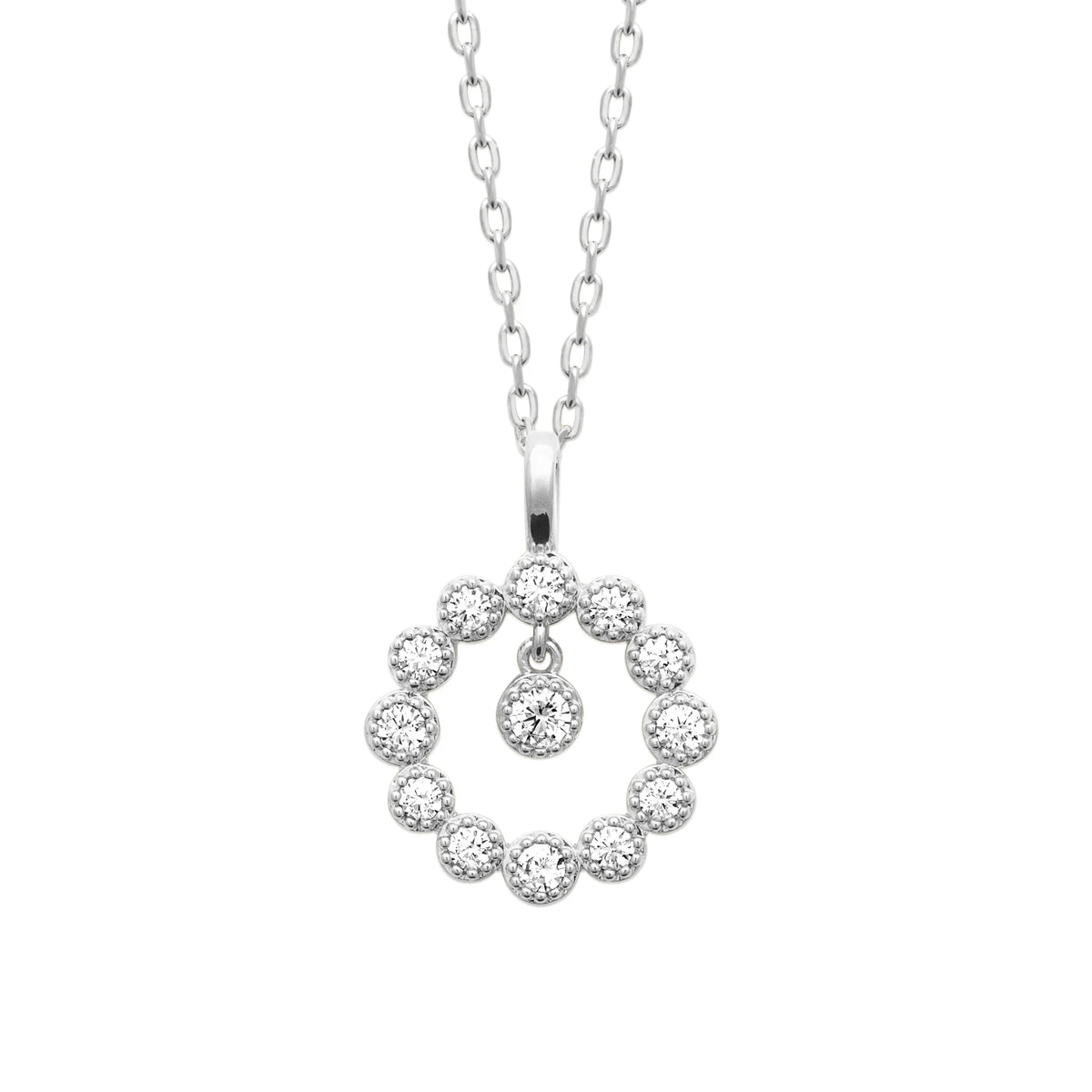 Collier cercle de zircons millegrain et zircon suspendu en argent 925