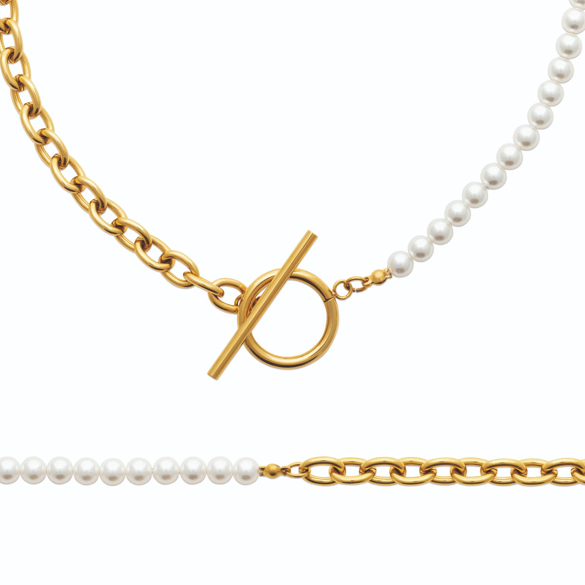 Collier chaîne et perles d’imitation à fermoir T en acier doré