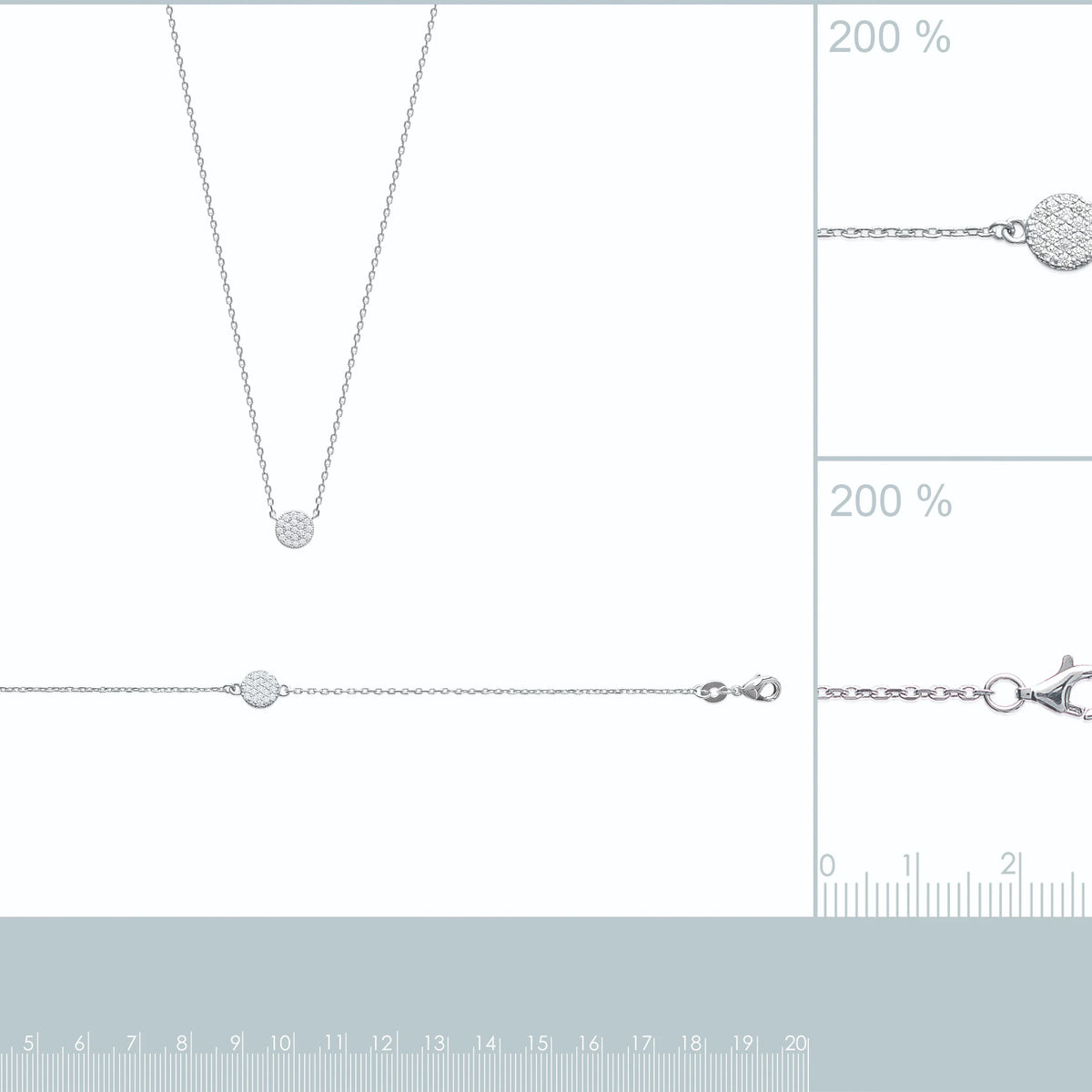 Collier chaîne fine et pastille pavée de zircons en argent 925, planche avec vue à taille réelle et réglet
