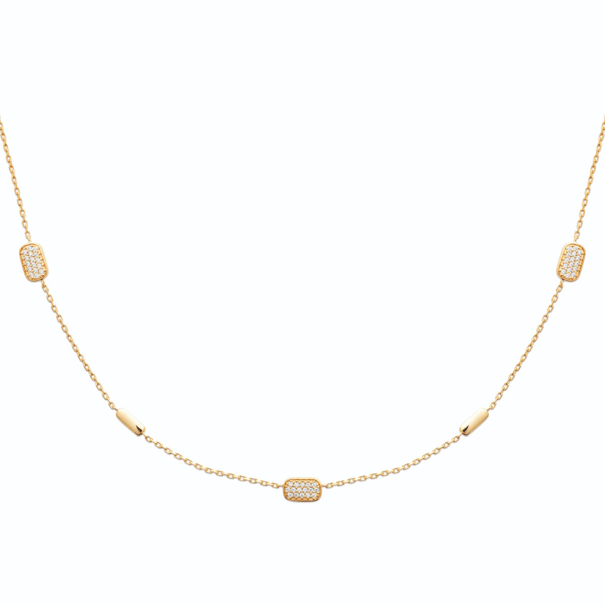 Collier chaîne à stations rectangulaires pavées de zircons en plaqué or