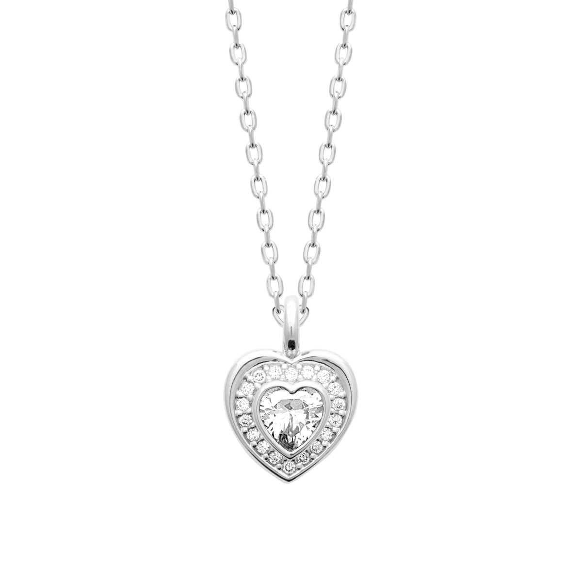 Collier cœur en argent 925, grand zircon taille cœur cerné d’un halo de zircons