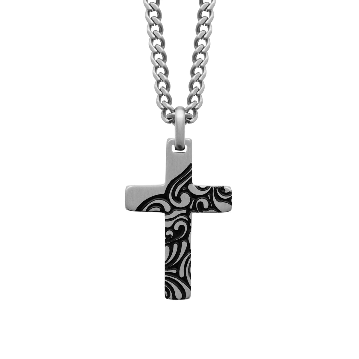 Collier croix à arabesques noires en acier homme