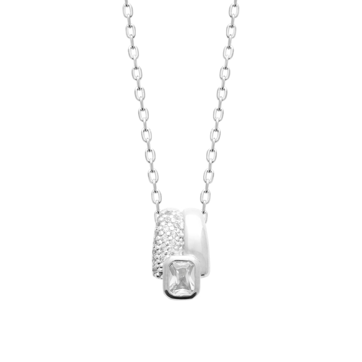 Collier double anneau pavé et zircon rectangulaire en argent 925